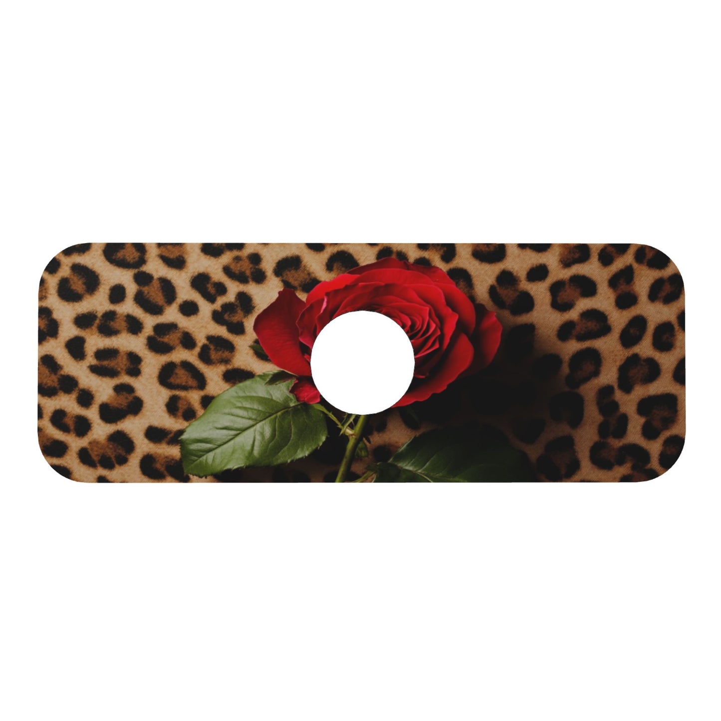 Leopard Print & Rose Faucet Absorbent Mat – 15"x5.5" Sink Splash Guard | Quick-Dry Washable Pad | Natural Rubber Back | Trim to Fit