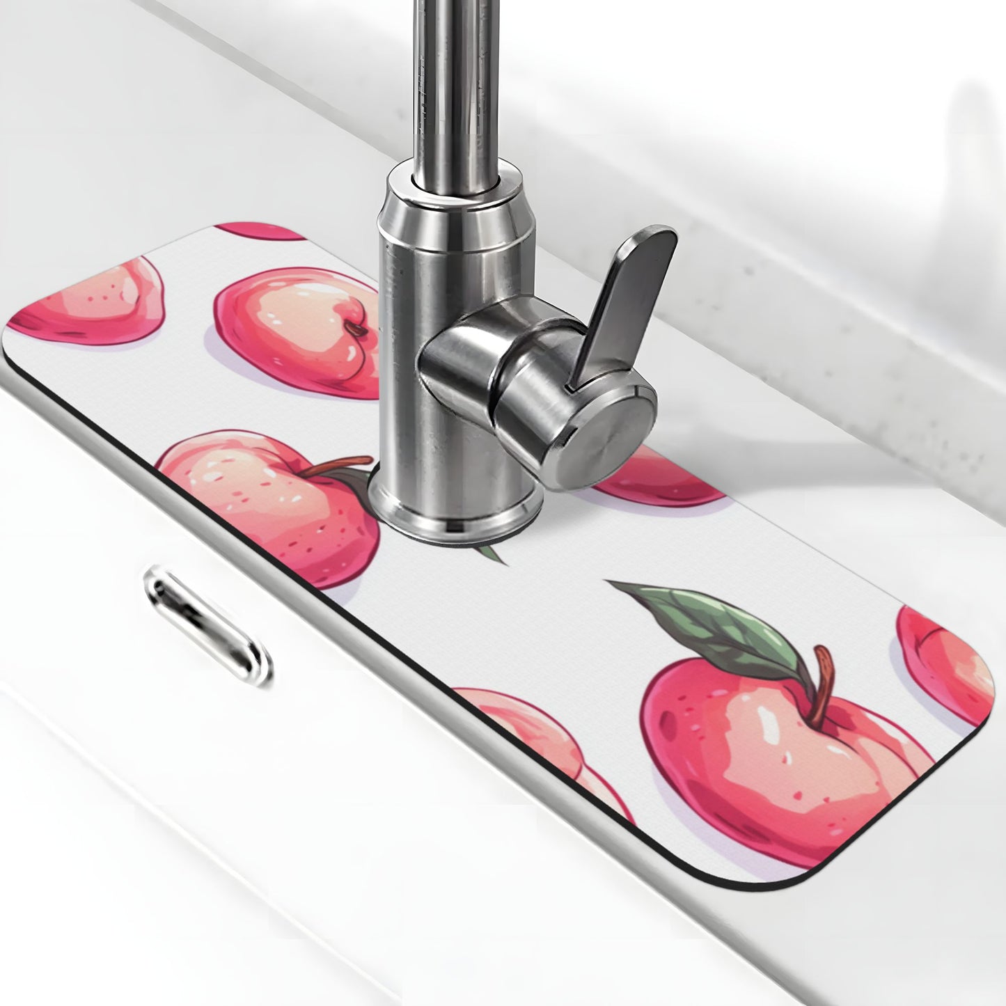 Cute Peach Design Faucet Absorbent Mat – 15"x5.5" Rubber Back Splash Guard | Cuttable, Washable Sink Counter Protector for Kitchen & Bathroom