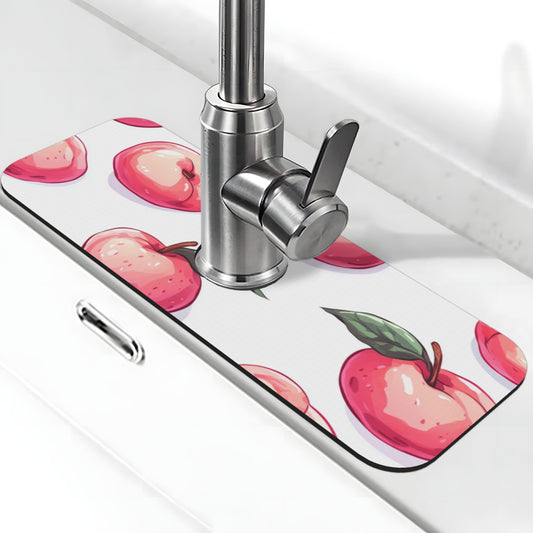 Cute Peach Design Faucet Absorbent Mat – 15"x5.5" Rubber Back Splash Guard | Cuttable, Washable Sink Counter Protector for Kitchen & Bathroom