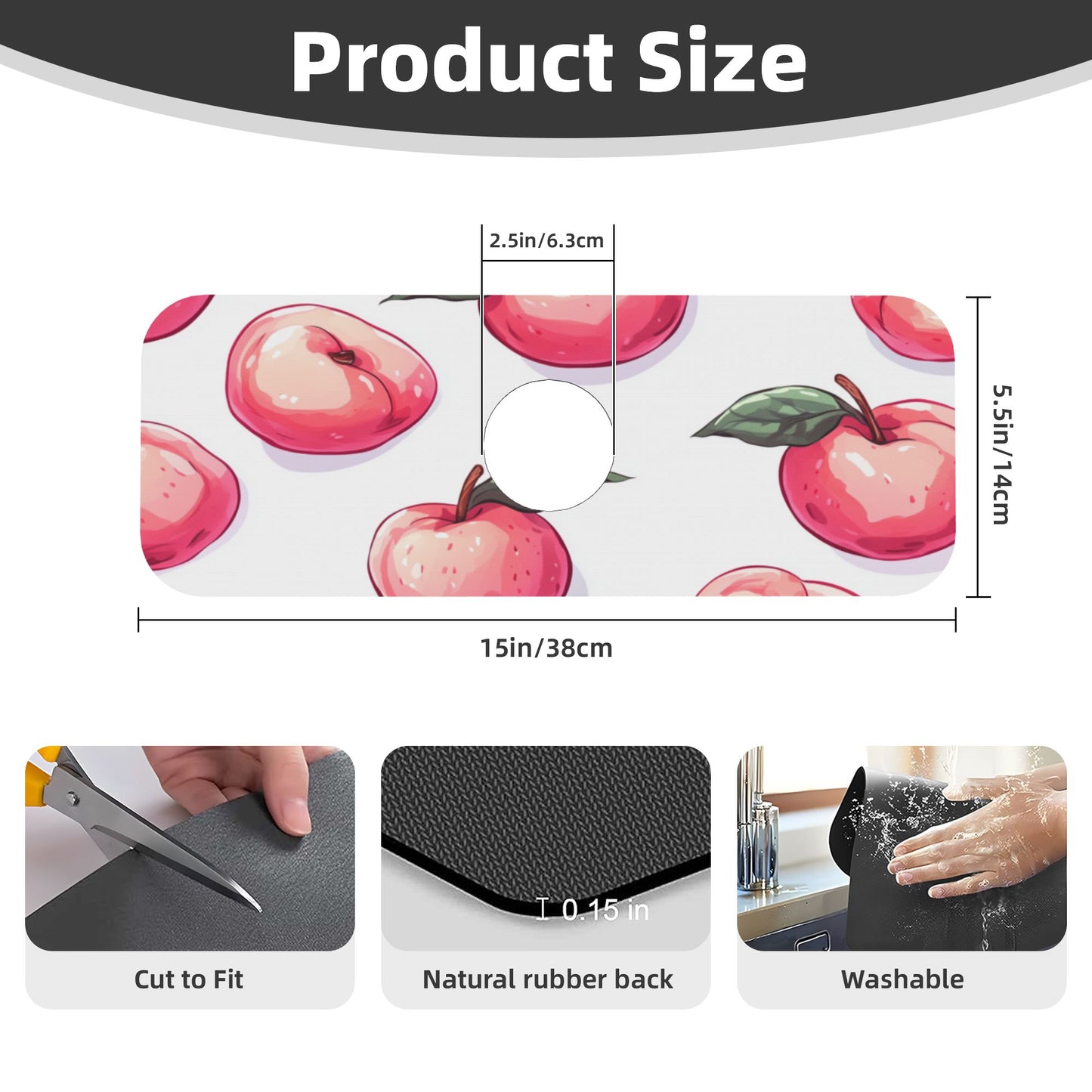 Cute Peach Design Faucet Absorbent Mat – 15"x5.5" Rubber Back Splash Guard | Cuttable, Washable Sink Counter Protector for Kitchen & Bathroom