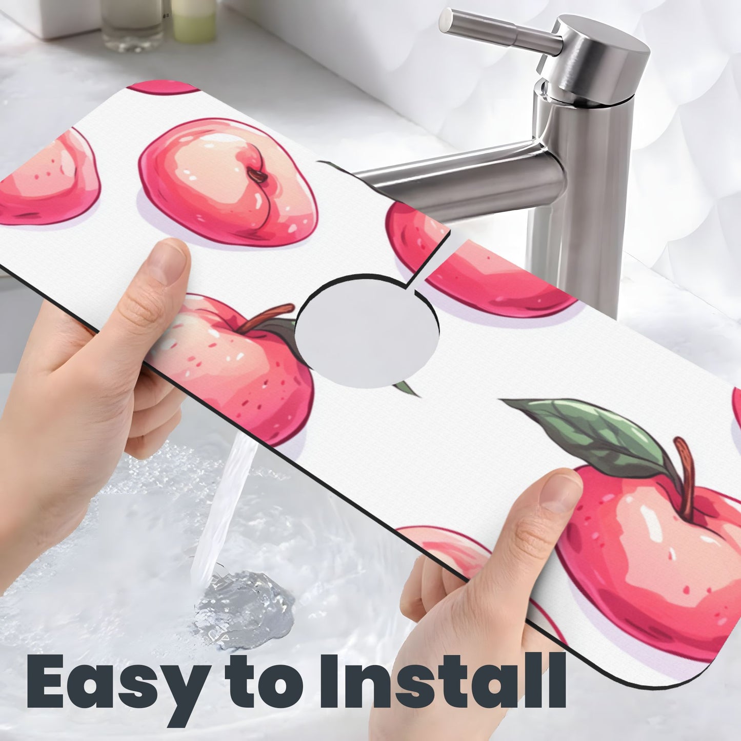 Cute Peach Design Faucet Absorbent Mat – 15"x5.5" Rubber Back Splash Guard | Cuttable, Washable Sink Counter Protector for Kitchen & Bathroom
