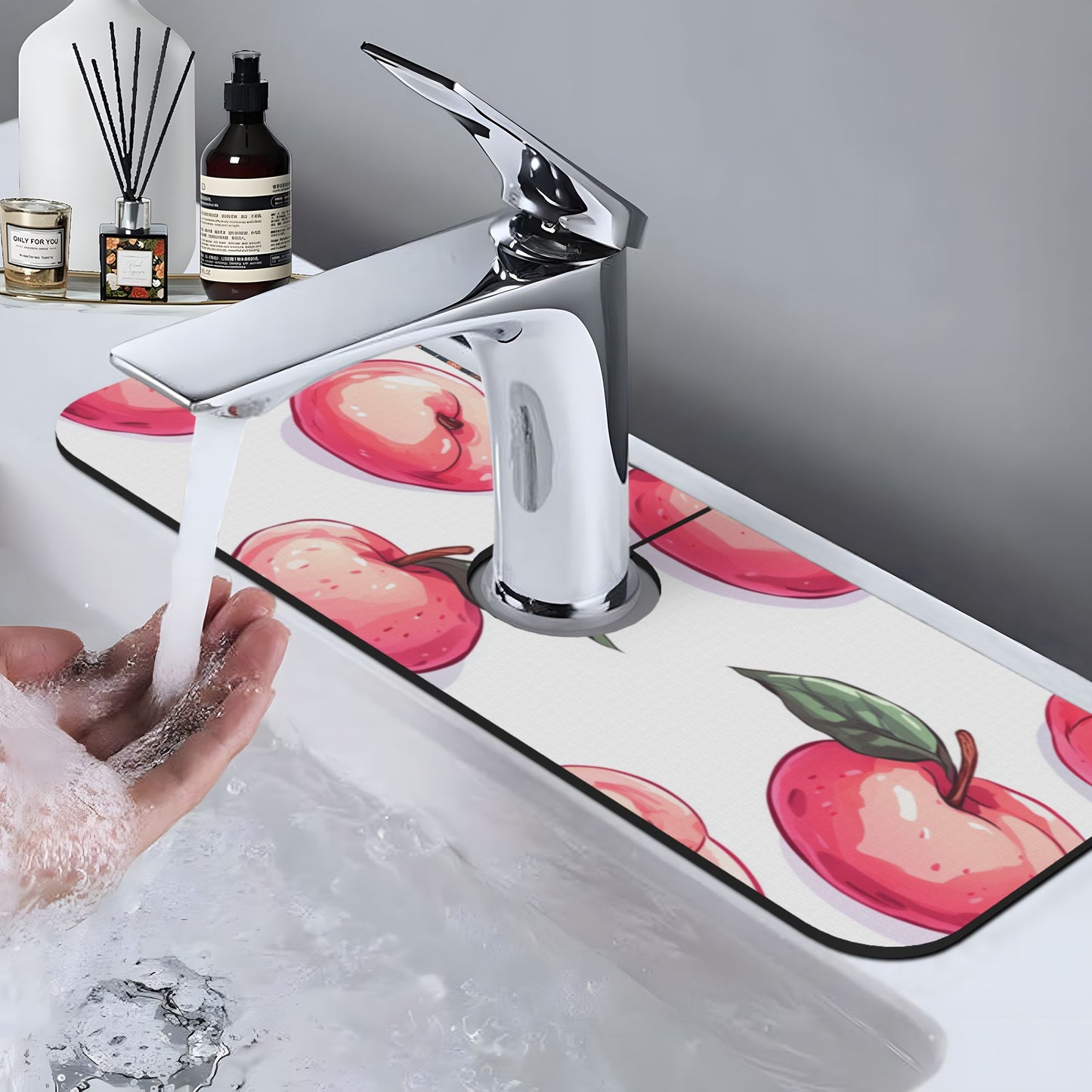 Cute Peach Design Faucet Absorbent Mat – 15"x5.5" Rubber Back Splash Guard | Cuttable, Washable Sink Counter Protector for Kitchen & Bathroom