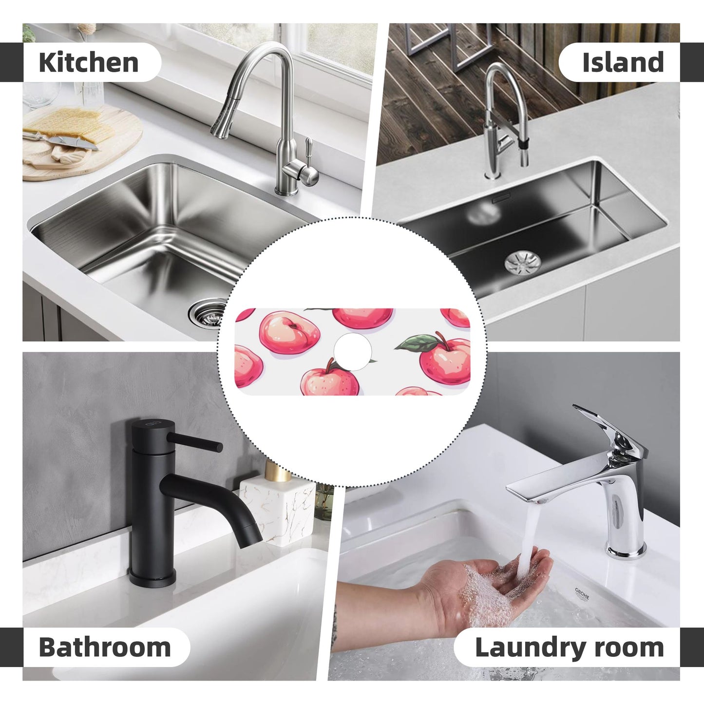 Cute Peach Design Faucet Absorbent Mat – 15"x5.5" Rubber Back Splash Guard | Cuttable, Washable Sink Counter Protector for Kitchen & Bathroom