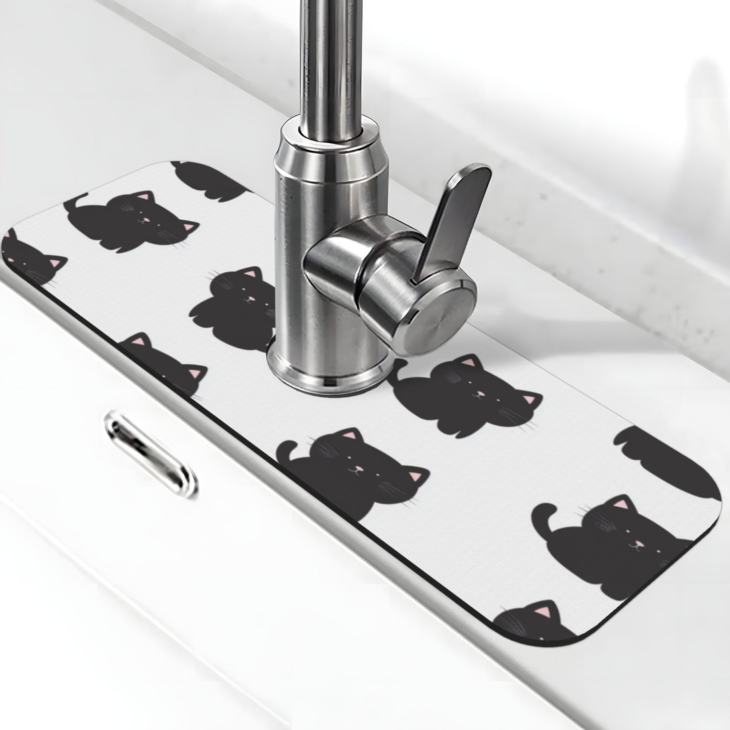 Cute Black Cat Faucet Absorbent Mat – 15"x5.5" Sink Splash Guard with Natural Rubber Back | Cuttable, Washable Counter Protector for Kitchen & Bathroom