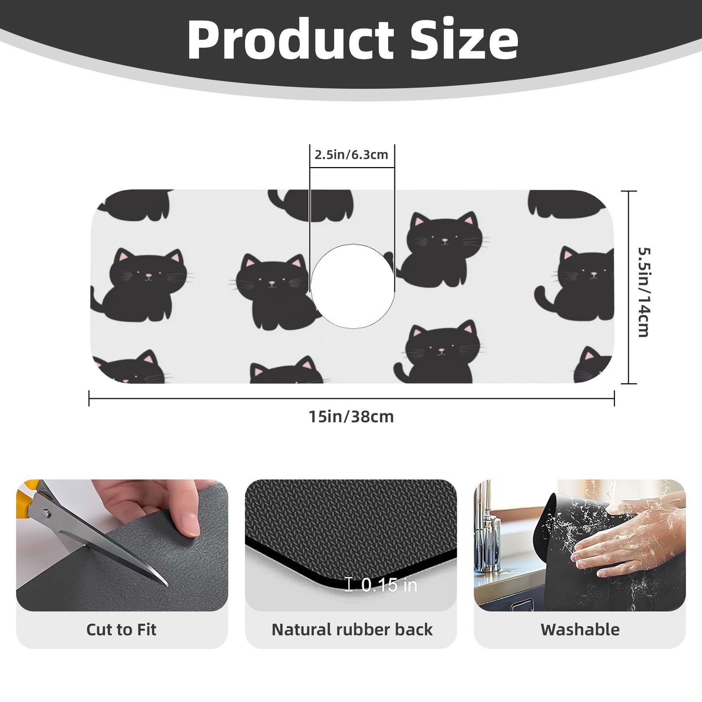 Cute Black Cat Faucet Absorbent Mat – 15"x5.5" Sink Splash Guard with Natural Rubber Back | Cuttable, Washable Counter Protector for Kitchen & Bathroom