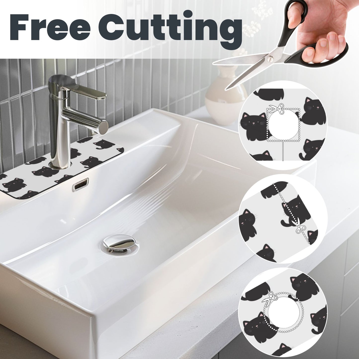 Cute Black Cat Faucet Absorbent Mat – 15"x5.5" Sink Splash Guard with Natural Rubber Back | Cuttable, Washable Counter Protector for Kitchen & Bathroom