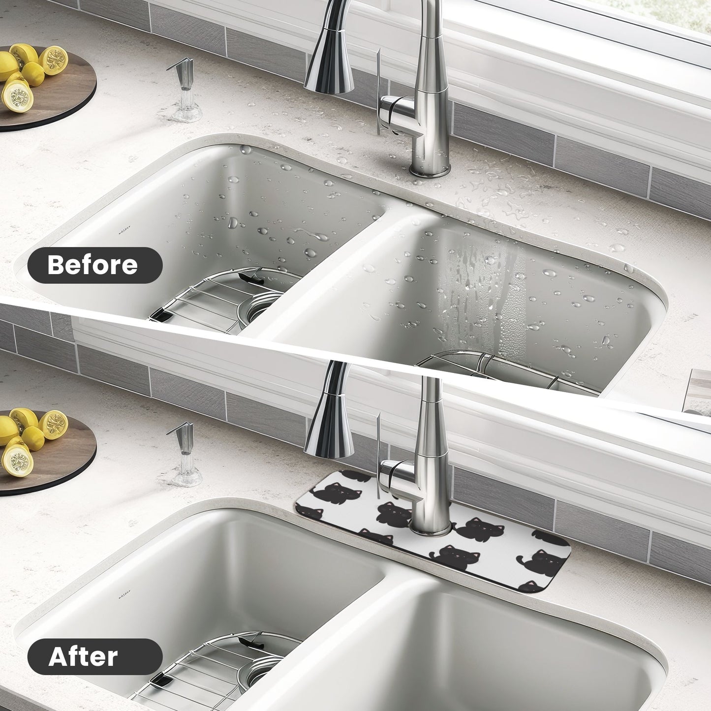 Cute Black Cat Faucet Absorbent Mat – 15"x5.5" Sink Splash Guard with Natural Rubber Back | Cuttable, Washable Counter Protector for Kitchen & Bathroom