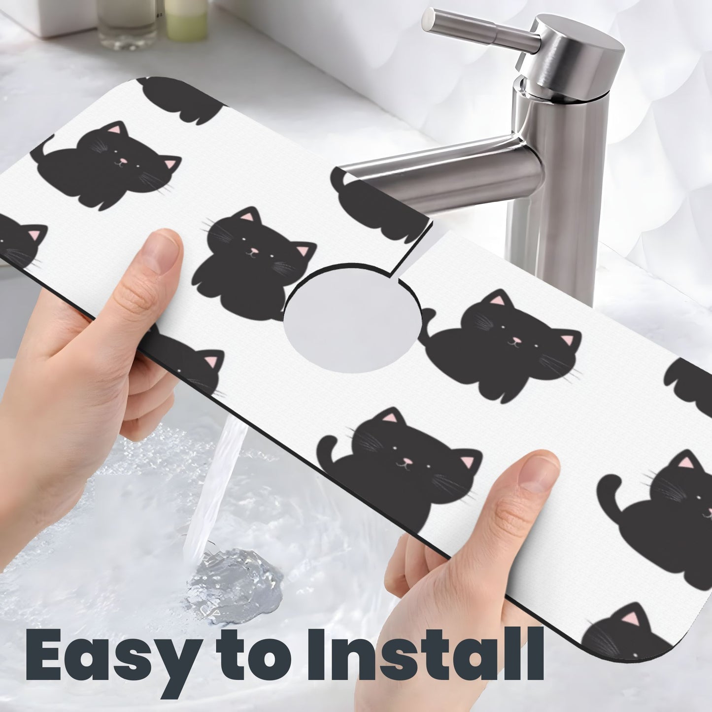 Cute Black Cat Faucet Absorbent Mat – 15"x5.5" Sink Splash Guard with Natural Rubber Back | Cuttable, Washable Counter Protector for Kitchen & Bathroom