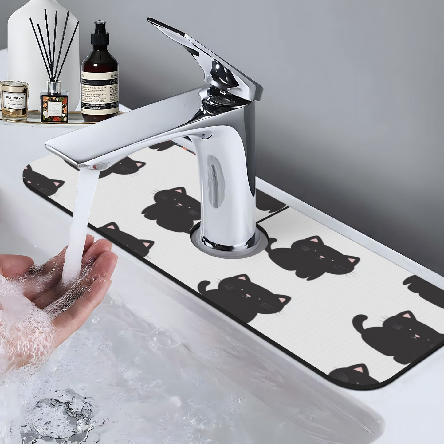 Cute Black Cat Faucet Absorbent Mat – 15"x5.5" Sink Splash Guard with Natural Rubber Back | Cuttable, Washable Counter Protector for Kitchen & Bathroom