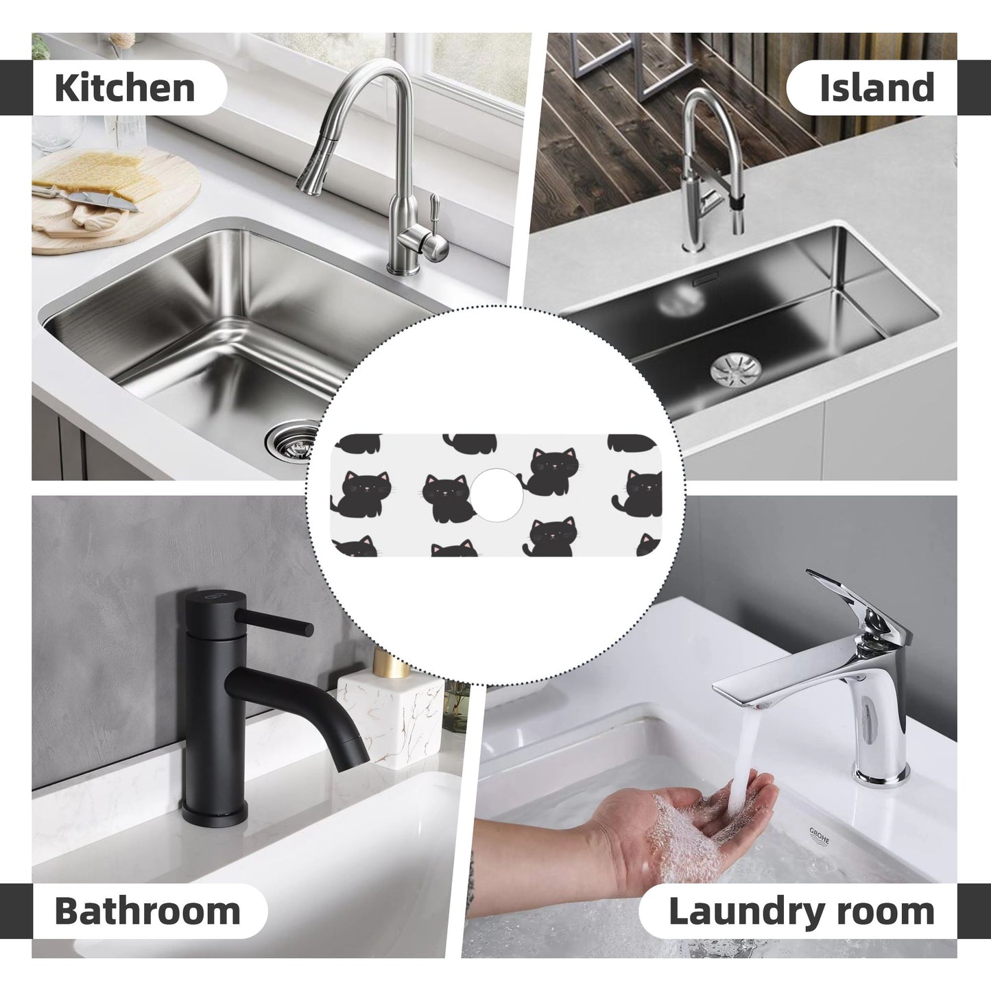 Cute Black Cat Faucet Absorbent Mat – 15"x5.5" Sink Splash Guard with Natural Rubber Back | Cuttable, Washable Counter Protector for Kitchen & Bathroom