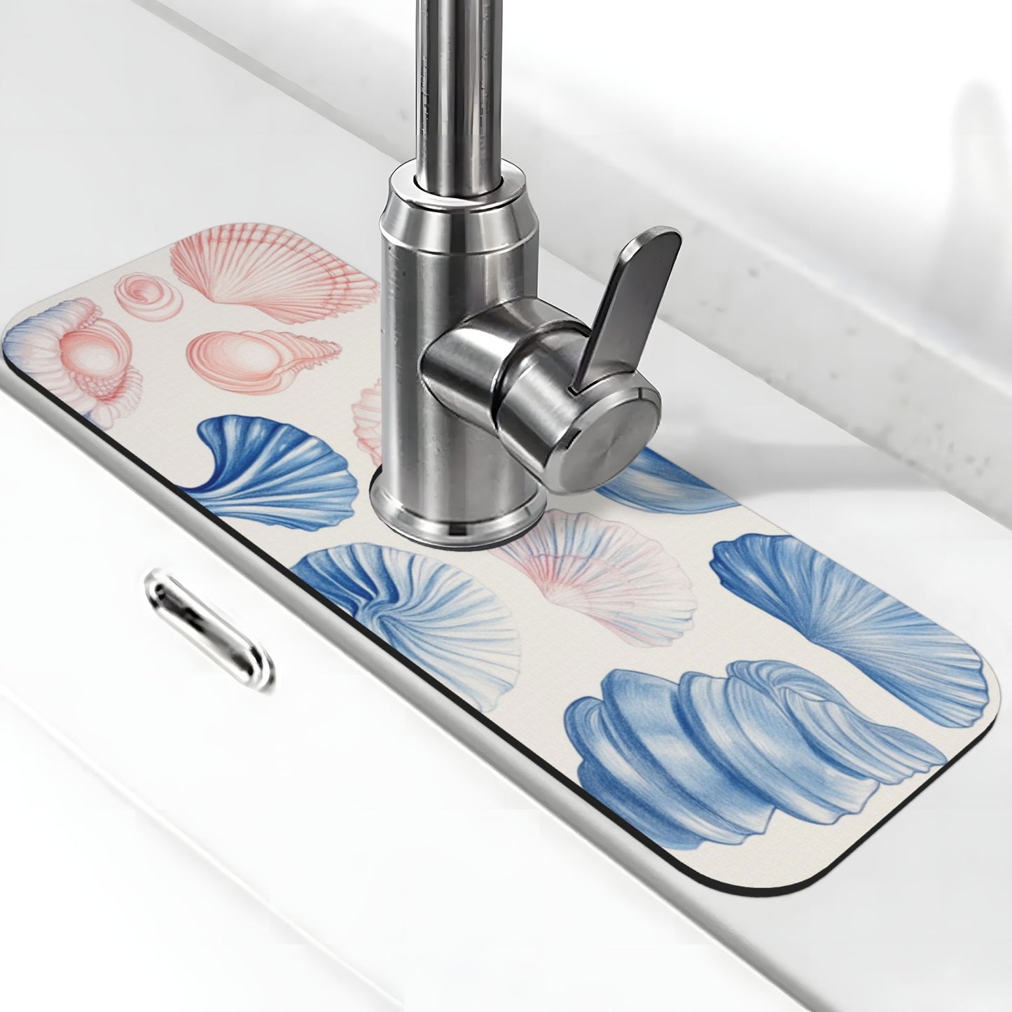 Seashell Pattern Faucet Absorbent Mat – 15"x5.5" Sink Splash Guard Pad with Natural Rubber Back | Cuttable & Washable Counter Protector for Kitchen & Bathroom
