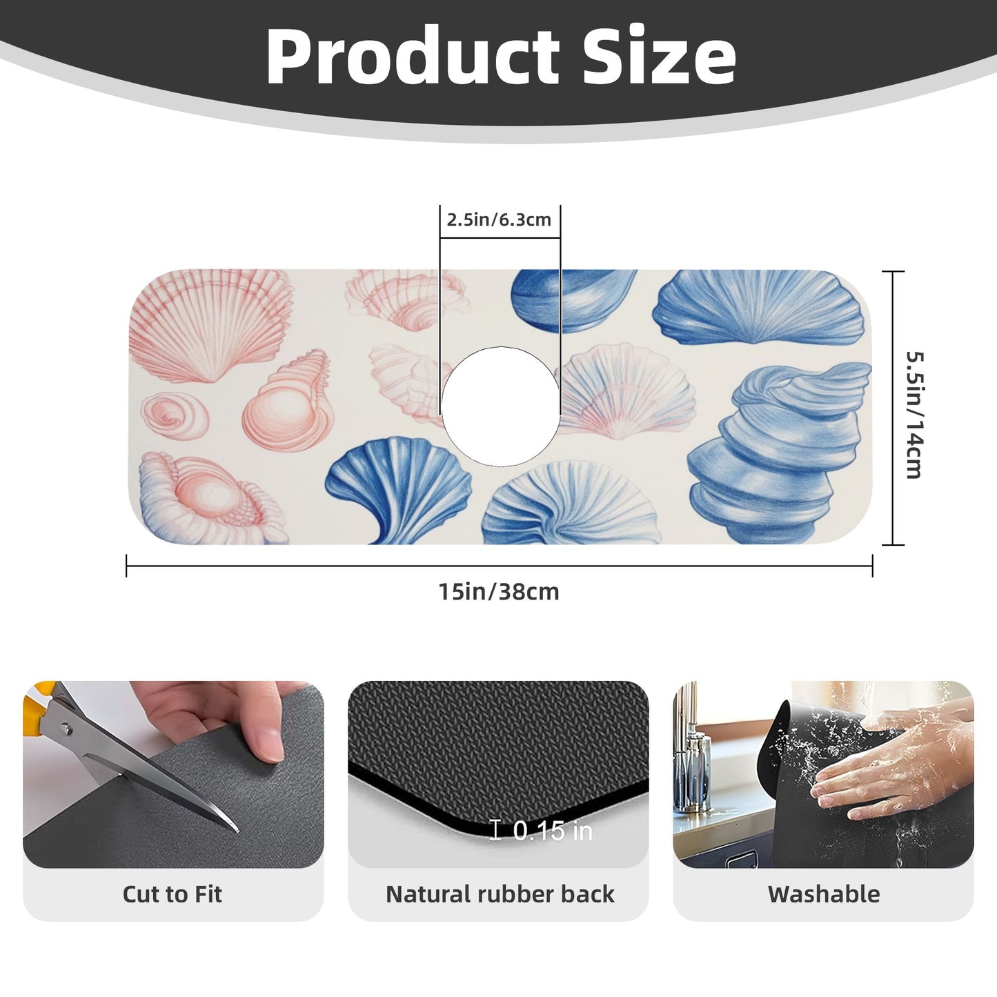 Seashell Pattern Faucet Absorbent Mat – 15"x5.5" Sink Splash Guard Pad with Natural Rubber Back | Cuttable & Washable Counter Protector for Kitchen & Bathroom