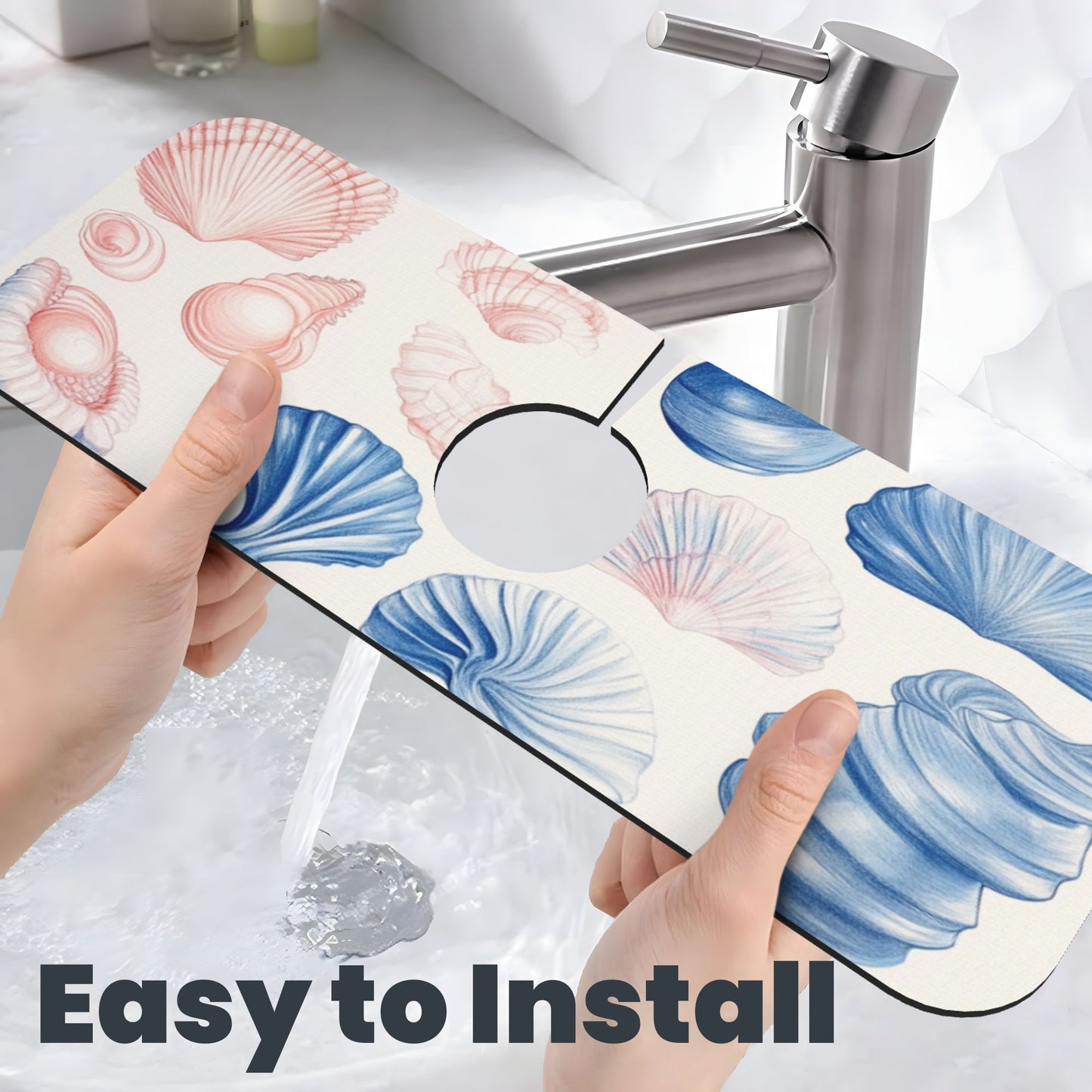 Seashell Pattern Faucet Absorbent Mat – 15"x5.5" Sink Splash Guard Pad with Natural Rubber Back | Cuttable & Washable Counter Protector for Kitchen & Bathroom