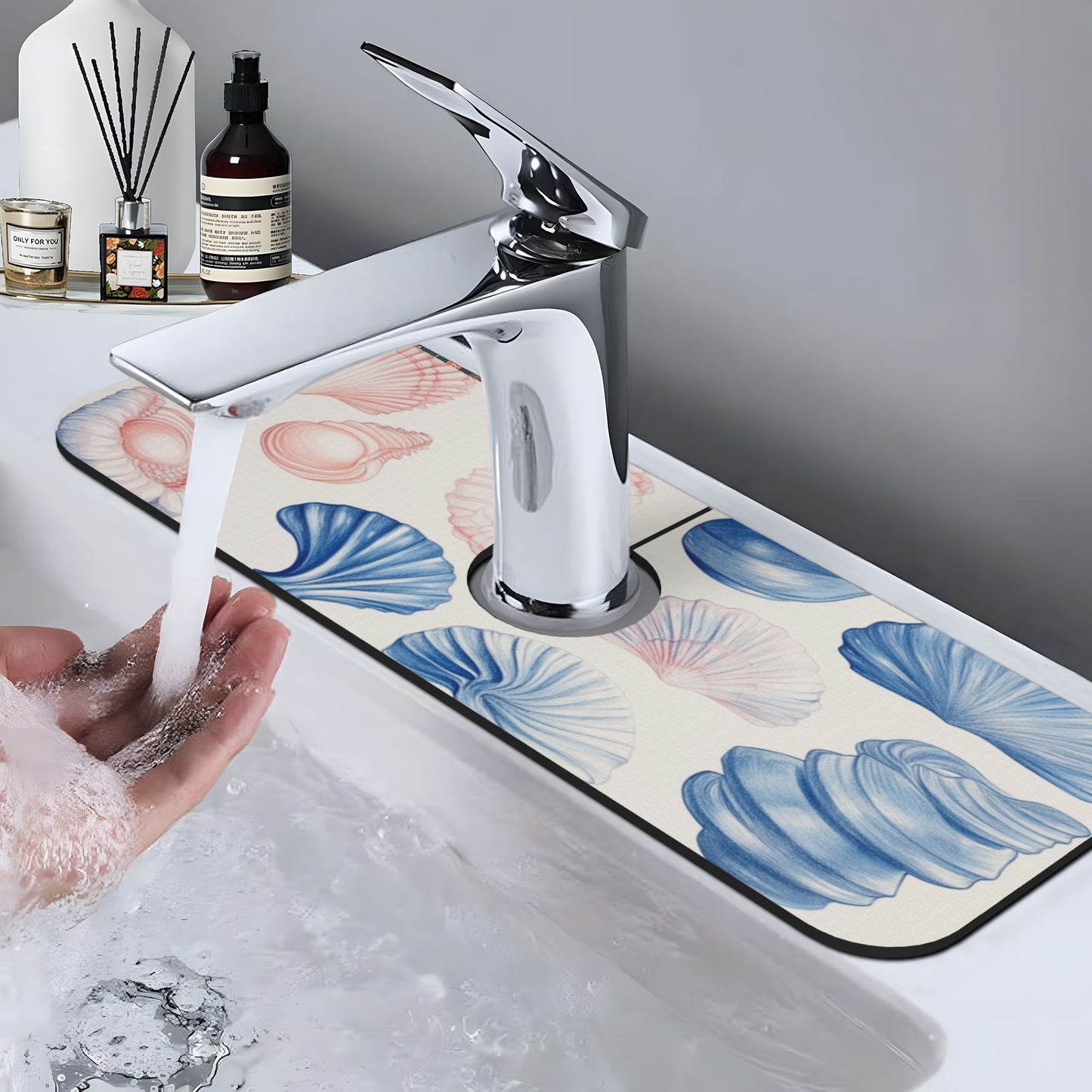 Seashell Pattern Faucet Absorbent Mat – 15"x5.5" Sink Splash Guard Pad with Natural Rubber Back | Cuttable & Washable Counter Protector for Kitchen & Bathroom