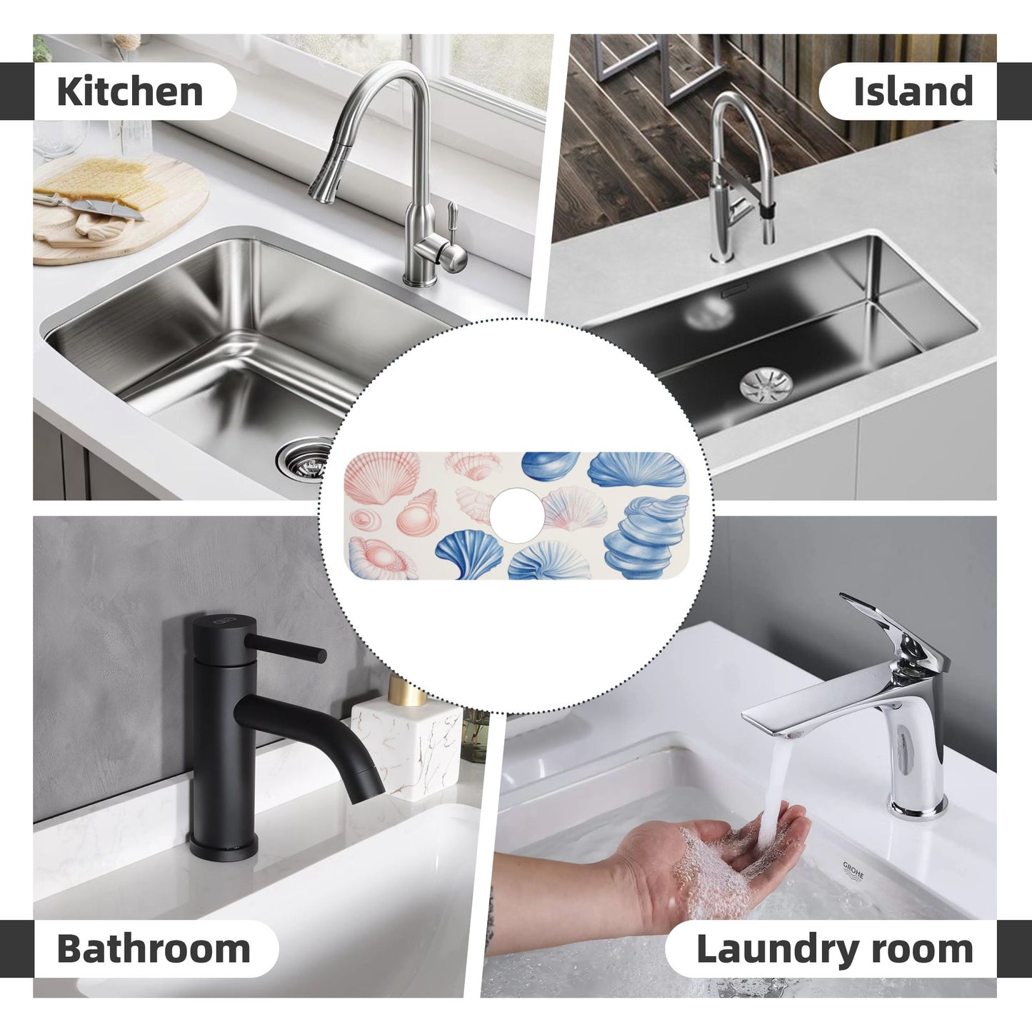 Seashell Pattern Faucet Absorbent Mat – 15"x5.5" Sink Splash Guard Pad with Natural Rubber Back | Cuttable & Washable Counter Protector for Kitchen & Bathroom