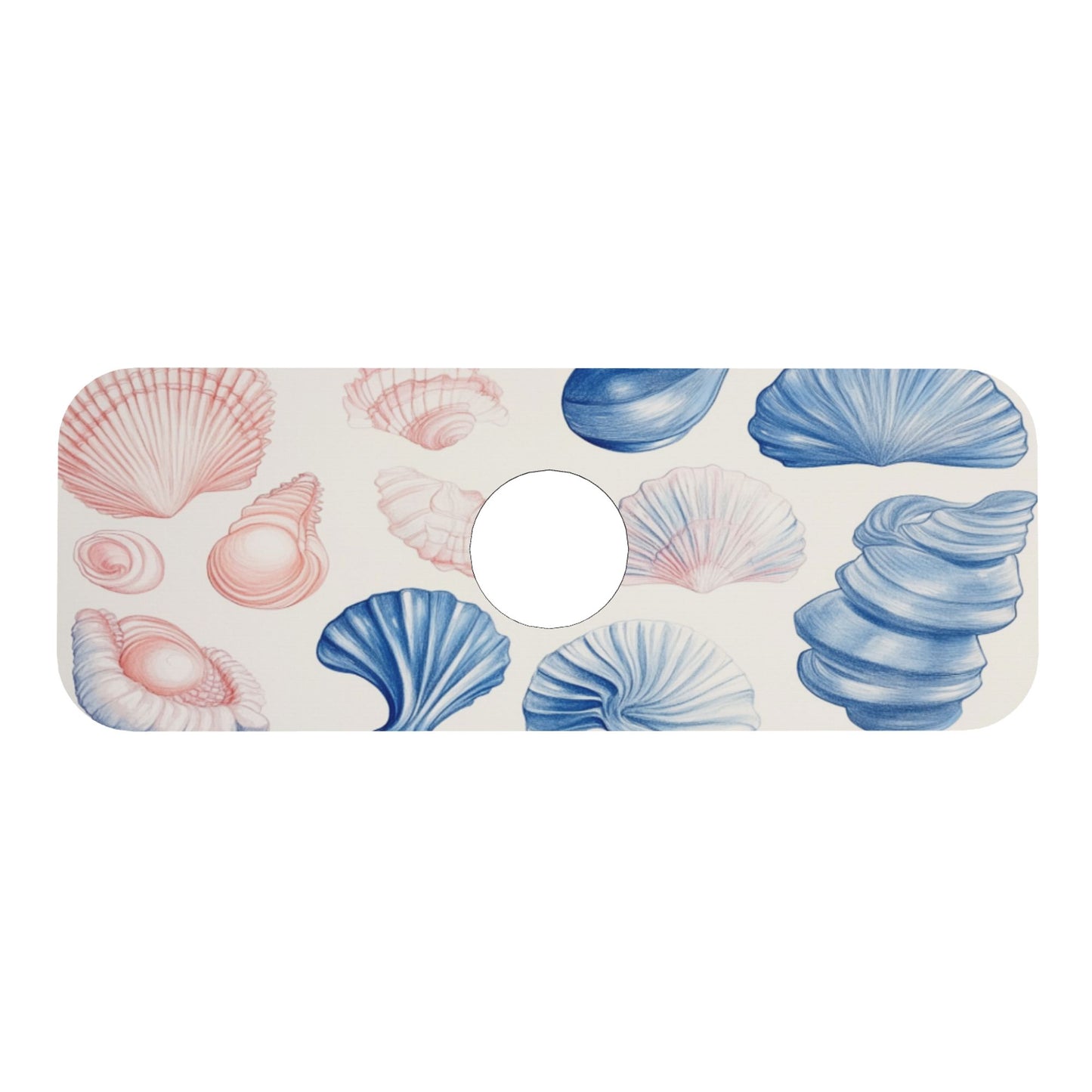 Seashell Pattern Faucet Absorbent Mat – 15"x5.5" Sink Splash Guard Pad with Natural Rubber Back | Cuttable & Washable Counter Protector for Kitchen & Bathroom