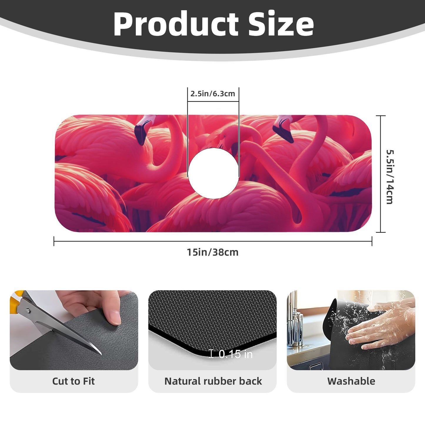 Flamingo Faucet Absorbent Mat – 15"x5.5" Sink Splash Guard with Natural Rubber Back | Cuttable, Washable Countertop Protector for Kitchen & Bathroom