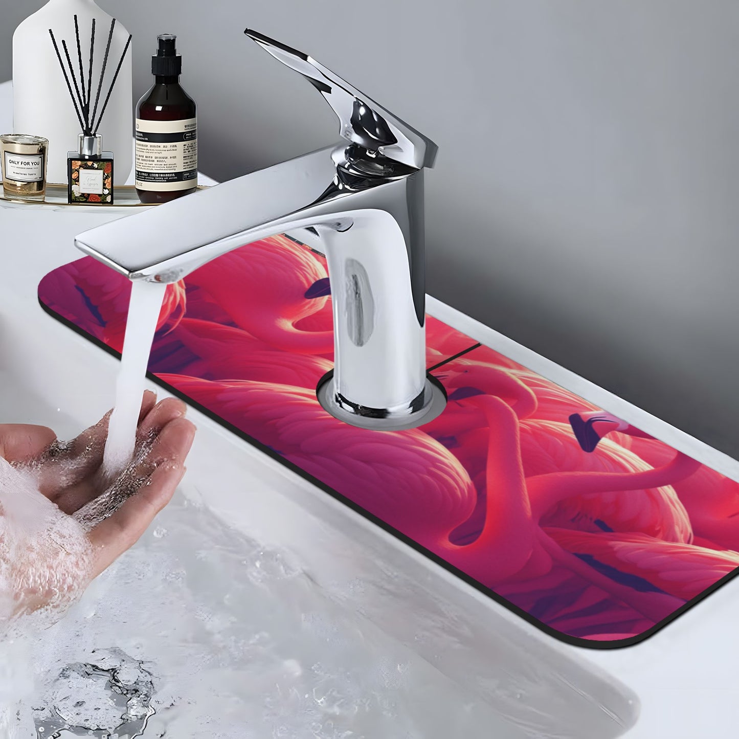 Flamingo Faucet Absorbent Mat – 15"x5.5" Sink Splash Guard with Natural Rubber Back | Cuttable, Washable Countertop Protector for Kitchen & Bathroom