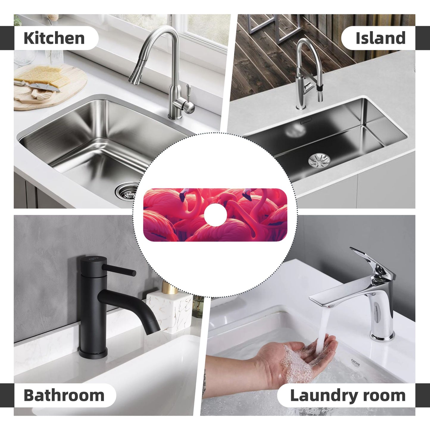 Flamingo Faucet Absorbent Mat – 15"x5.5" Sink Splash Guard with Natural Rubber Back | Cuttable, Washable Countertop Protector for Kitchen & Bathroom