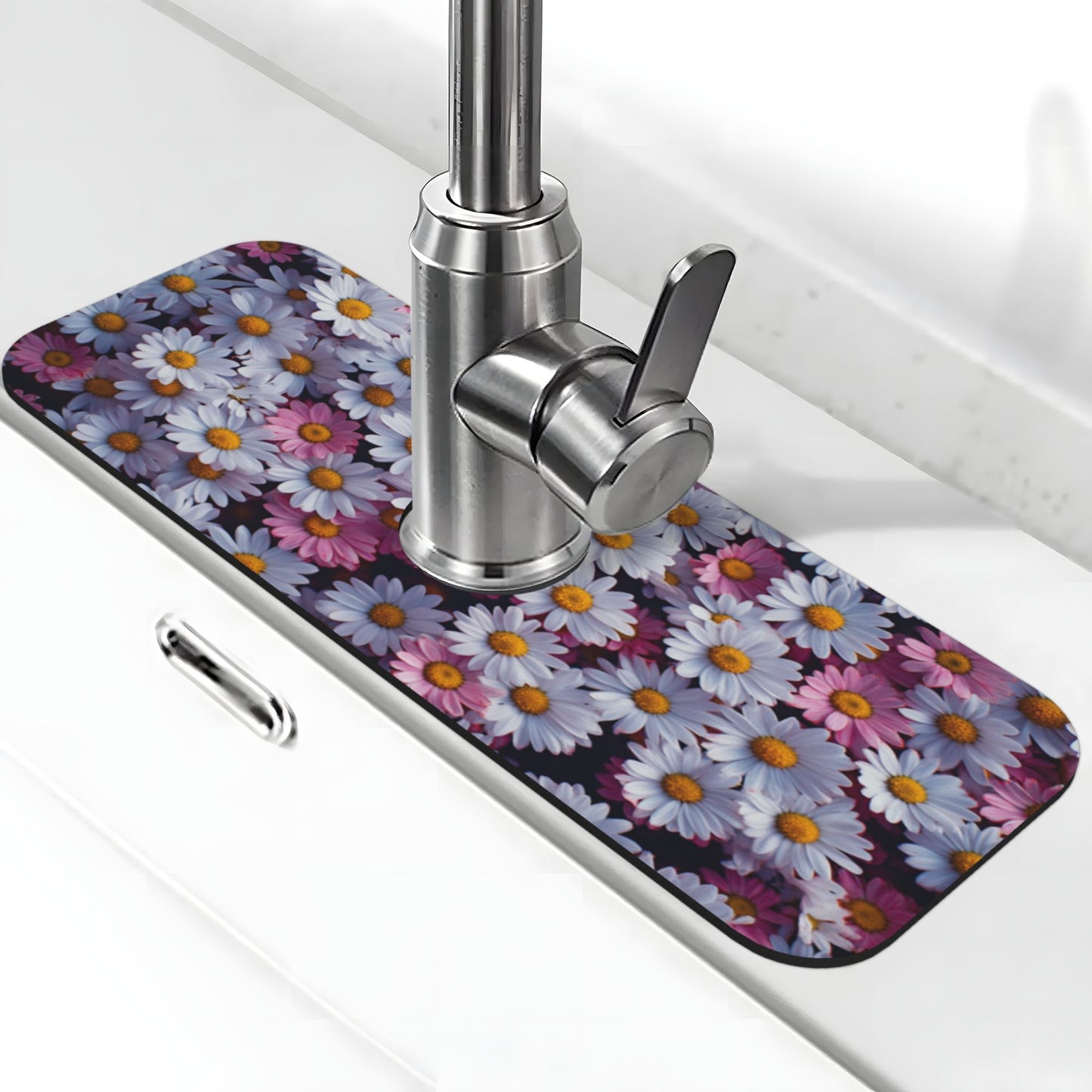 Daisy Faucet Absorbent Mat – 15"x5.5" Sink Splash Guard with Cuttable Design | Water Absorbing Polyester Surface & Non-Slip Rubber Base | Washable Counter Protector