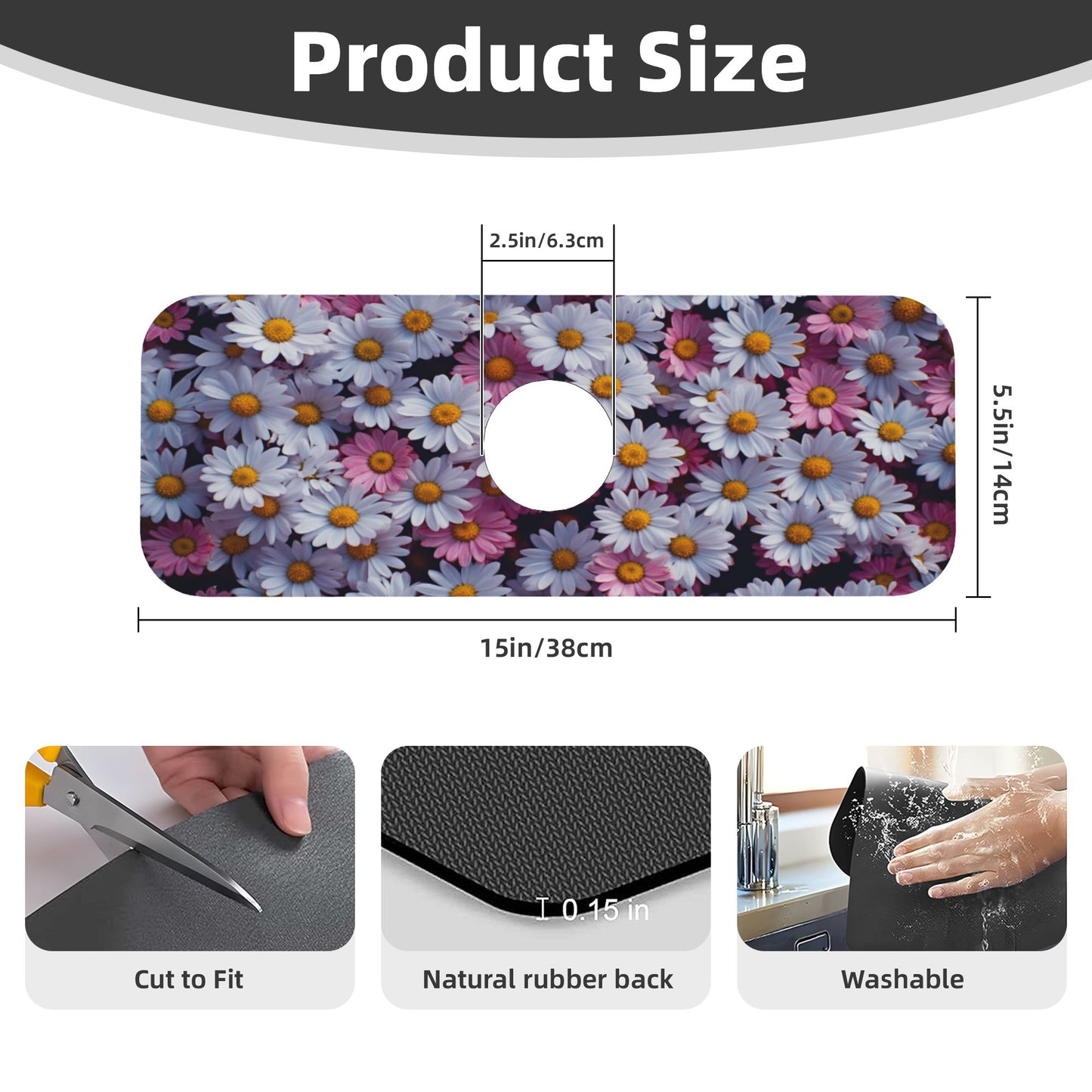 Daisy Faucet Absorbent Mat – 15"x5.5" Sink Splash Guard with Cuttable Design | Water Absorbing Polyester Surface & Non-Slip Rubber Base | Washable Counter Protector