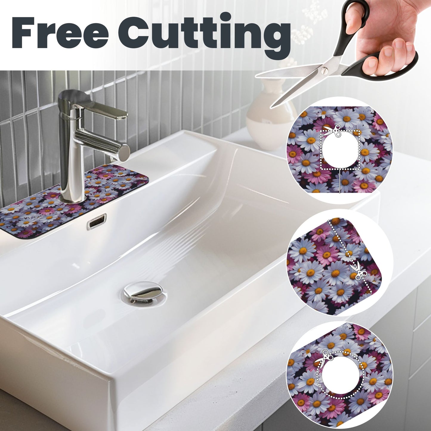Daisy Faucet Absorbent Mat – 15"x5.5" Sink Splash Guard with Cuttable Design | Water Absorbing Polyester Surface & Non-Slip Rubber Base | Washable Counter Protector