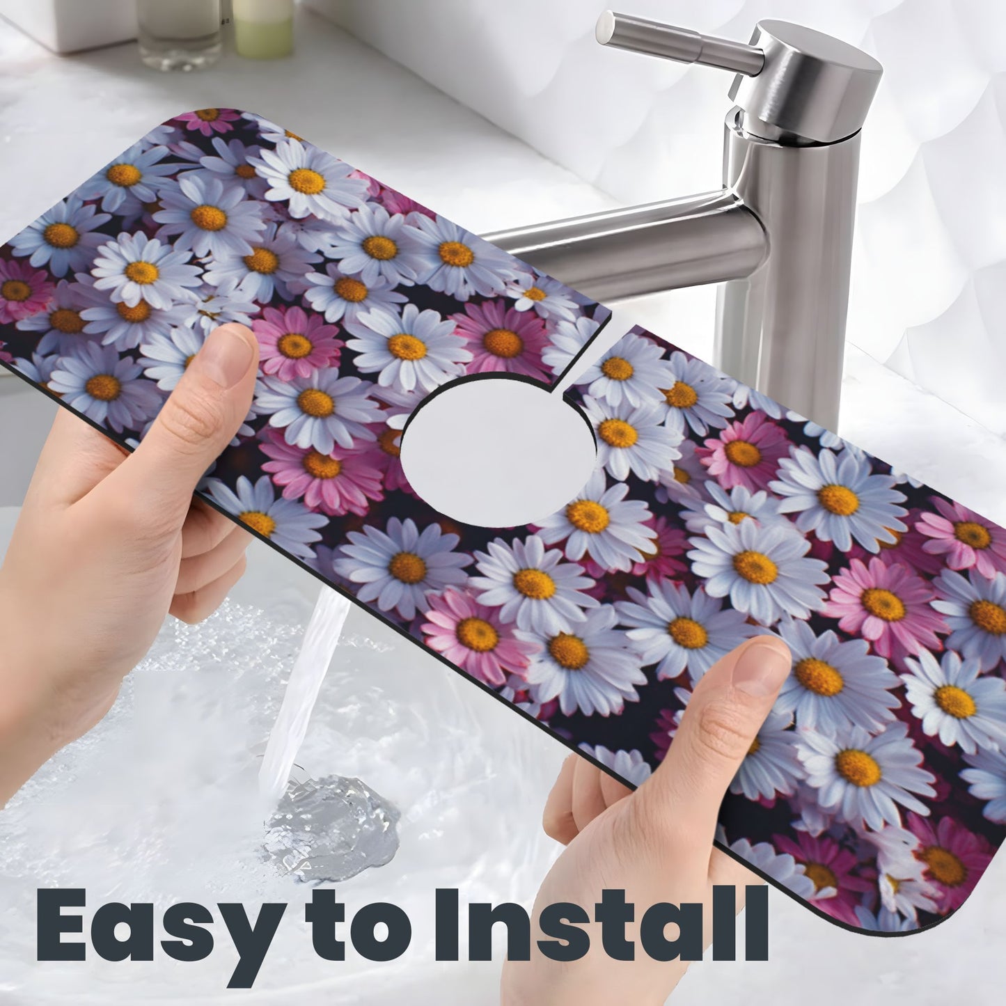 Daisy Faucet Absorbent Mat – 15"x5.5" Sink Splash Guard with Cuttable Design | Water Absorbing Polyester Surface & Non-Slip Rubber Base | Washable Counter Protector