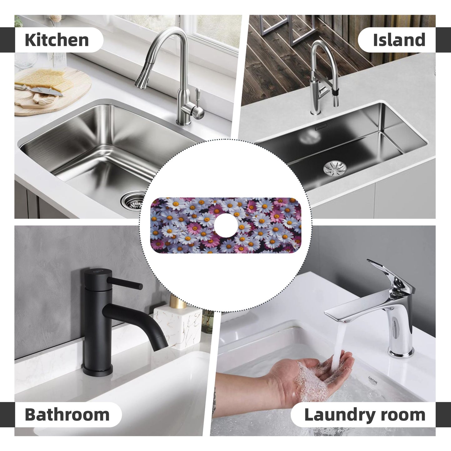 Daisy Faucet Absorbent Mat – 15"x5.5" Sink Splash Guard with Cuttable Design | Water Absorbing Polyester Surface & Non-Slip Rubber Base | Washable Counter Protector