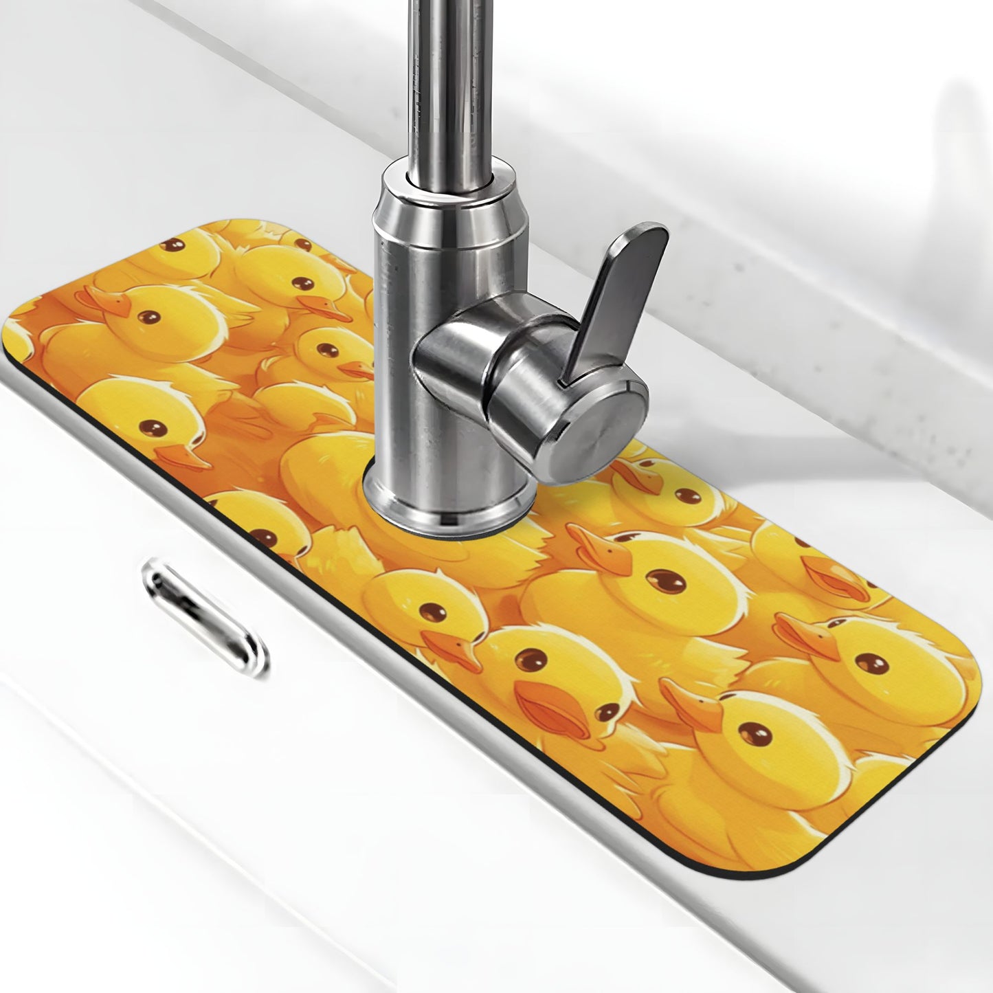 Cute Yellow Duck Faucet Absorbent Mat – 15"x5.5" Sink Splash Guard with Cuttable Design | Washable Rubber Backing | Non-Slip Water Absorbing Counter Mat