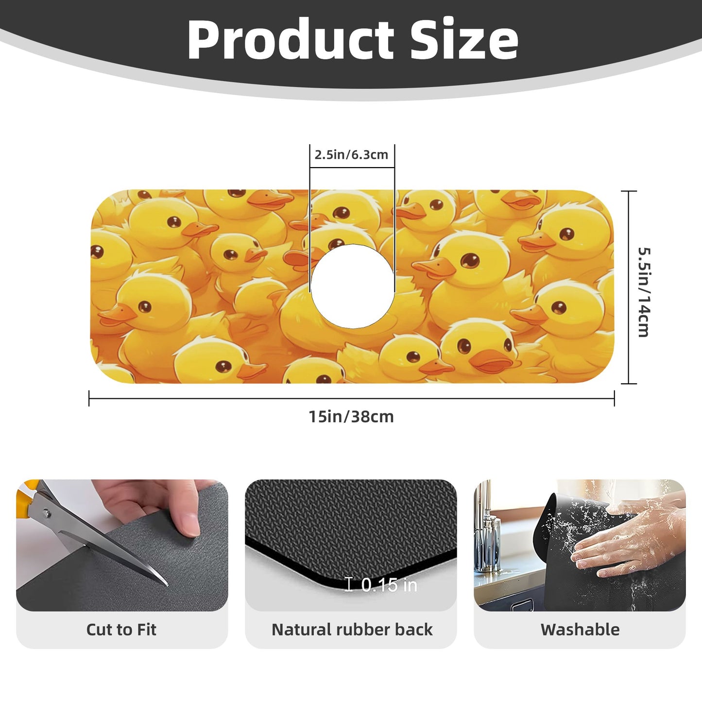 Cute Yellow Duck Faucet Absorbent Mat – 15"x5.5" Sink Splash Guard with Cuttable Design | Washable Rubber Backing | Non-Slip Water Absorbing Counter Mat