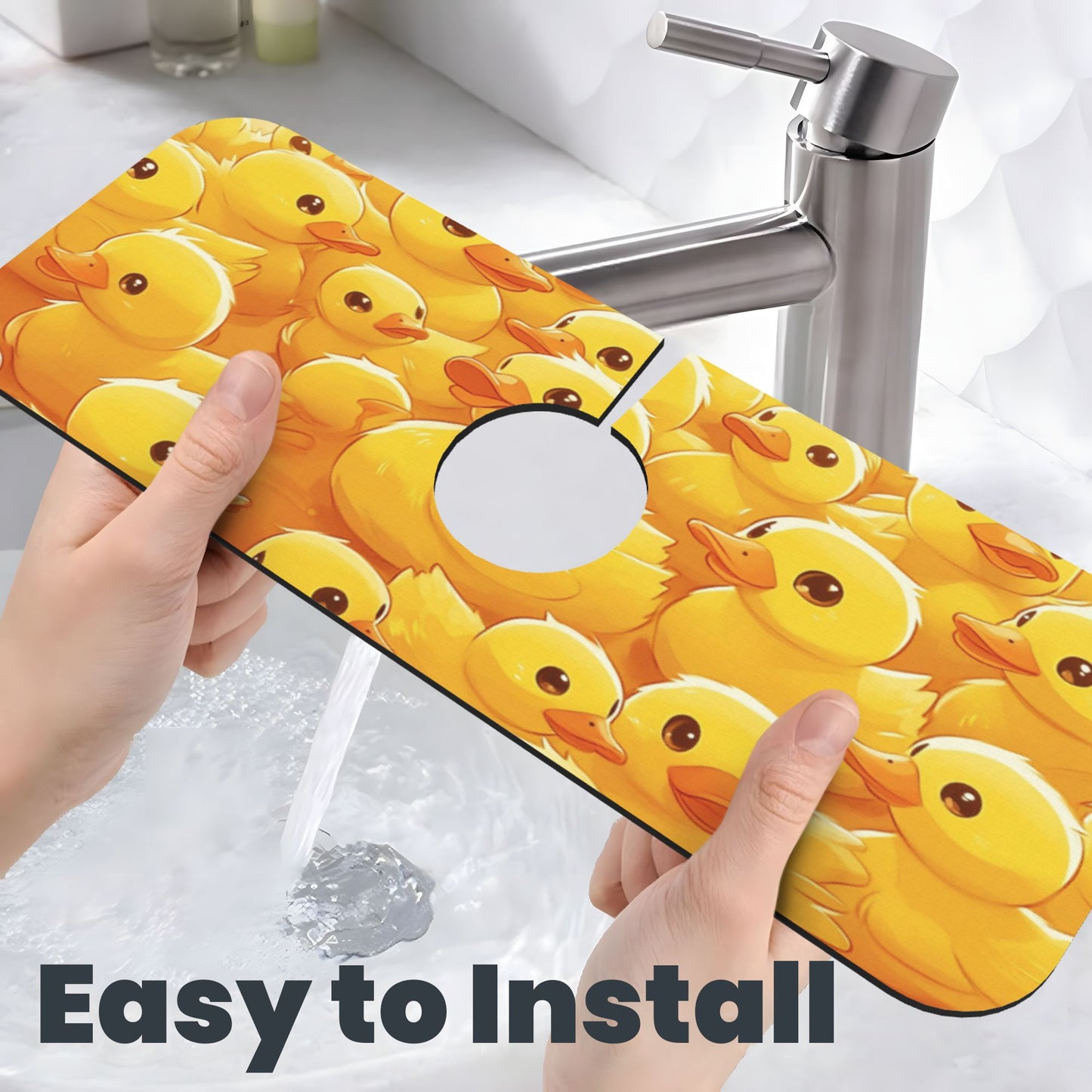 Cute Yellow Duck Faucet Absorbent Mat – 15"x5.5" Sink Splash Guard with Cuttable Design | Washable Rubber Backing | Non-Slip Water Absorbing Counter Mat