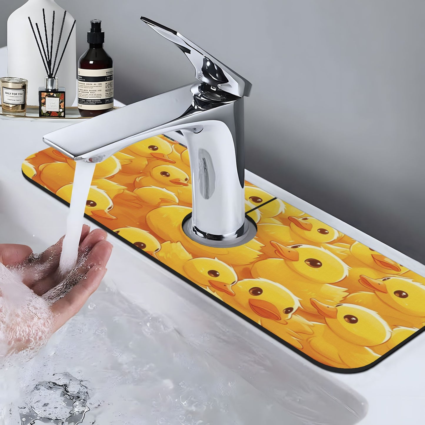 Cute Yellow Duck Faucet Absorbent Mat – 15"x5.5" Sink Splash Guard with Cuttable Design | Washable Rubber Backing | Non-Slip Water Absorbing Counter Mat