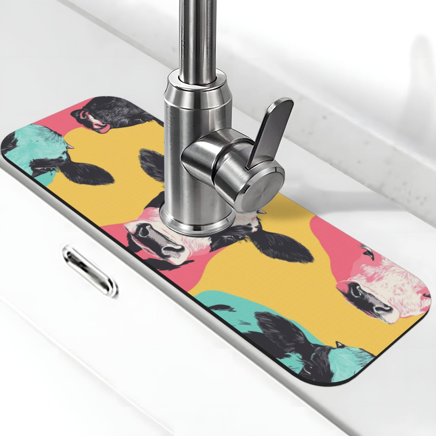 Colorful Cow Print Faucet Absorbent Mat – 15"x5.5" Sink Splash Guard with Cuttable Design | Non-Slip Natural Rubber Backing | Washable and Durable