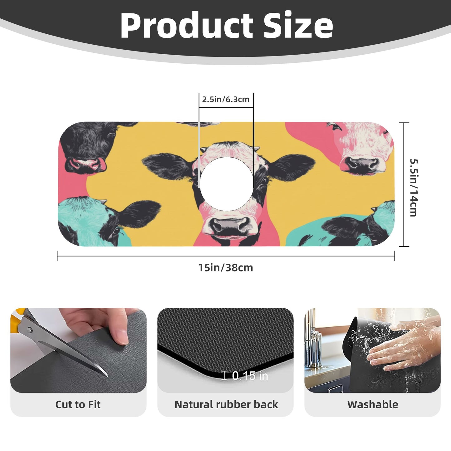 Colorful Cow Print Faucet Absorbent Mat – 15"x5.5" Sink Splash Guard with Cuttable Design | Non-Slip Natural Rubber Backing | Washable and Durable