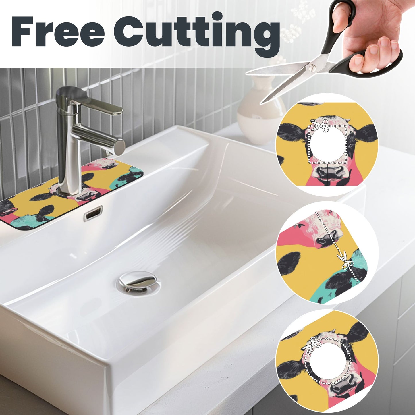 Colorful Cow Print Faucet Absorbent Mat – 15"x5.5" Sink Splash Guard with Cuttable Design | Non-Slip Natural Rubber Backing | Washable and Durable