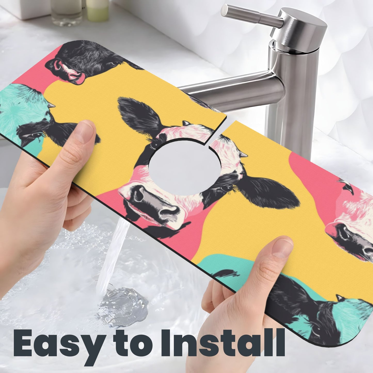Colorful Cow Print Faucet Absorbent Mat – 15"x5.5" Sink Splash Guard with Cuttable Design | Non-Slip Natural Rubber Backing | Washable and Durable