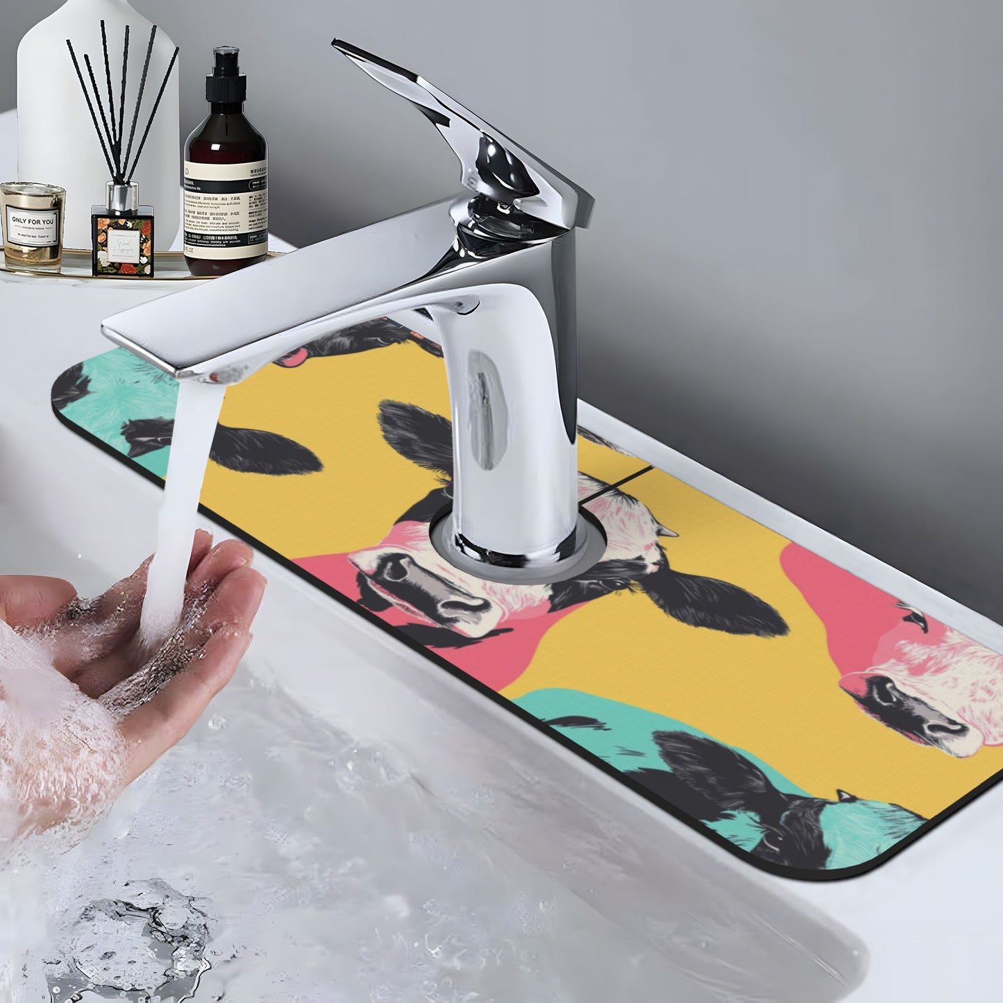 Colorful Cow Print Faucet Absorbent Mat – 15"x5.5" Sink Splash Guard with Cuttable Design | Non-Slip Natural Rubber Backing | Washable and Durable
