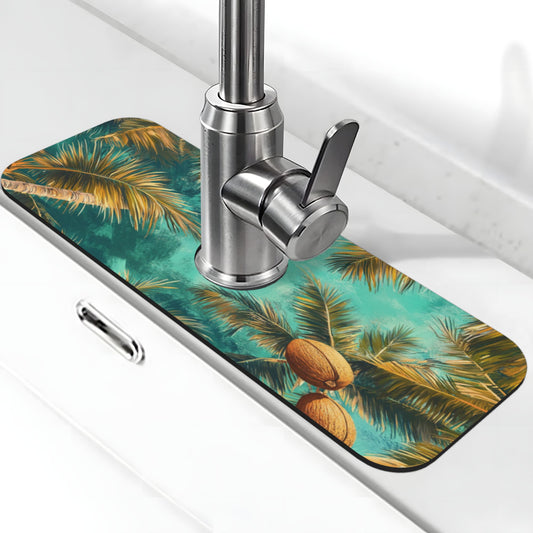 Tropical Coconut Palm Faucet Absorbent Mat – 15"x5.5" Sink Splash Guard | Non-Slip Natural Rubber Back | Fast Absorbent & Quick Dry | Washable & Cuttable