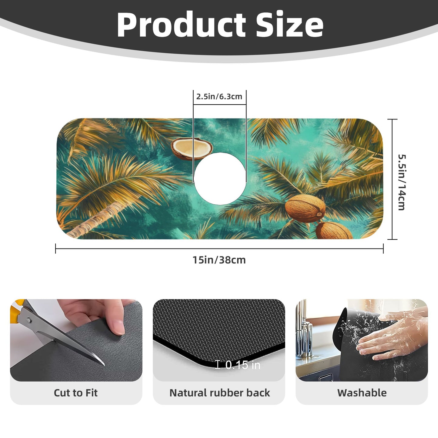 Tropical Coconut Palm Faucet Absorbent Mat – 15"x5.5" Sink Splash Guard | Non-Slip Natural Rubber Back | Fast Absorbent & Quick Dry | Washable & Cuttable
