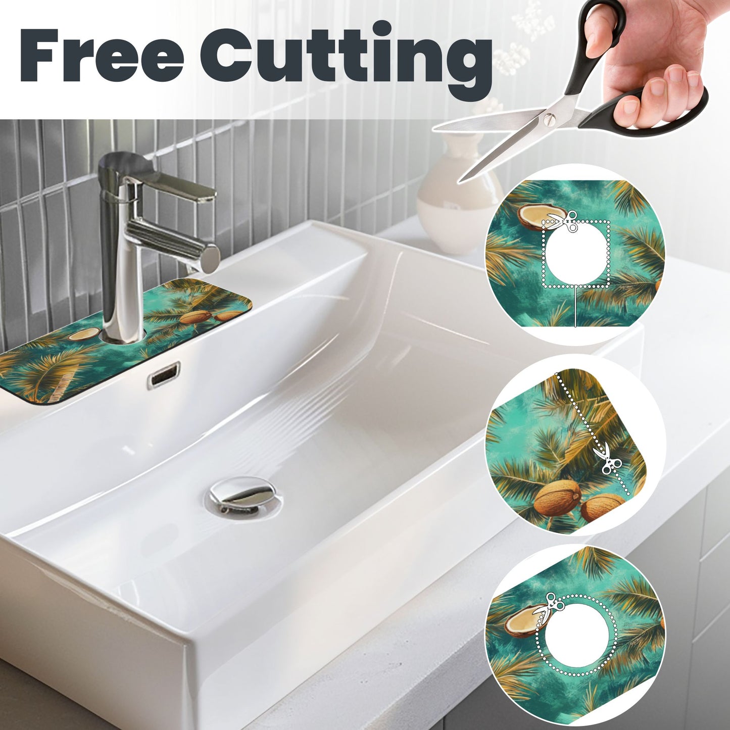 Tropical Coconut Palm Faucet Absorbent Mat – 15"x5.5" Sink Splash Guard | Non-Slip Natural Rubber Back | Fast Absorbent & Quick Dry | Washable & Cuttable