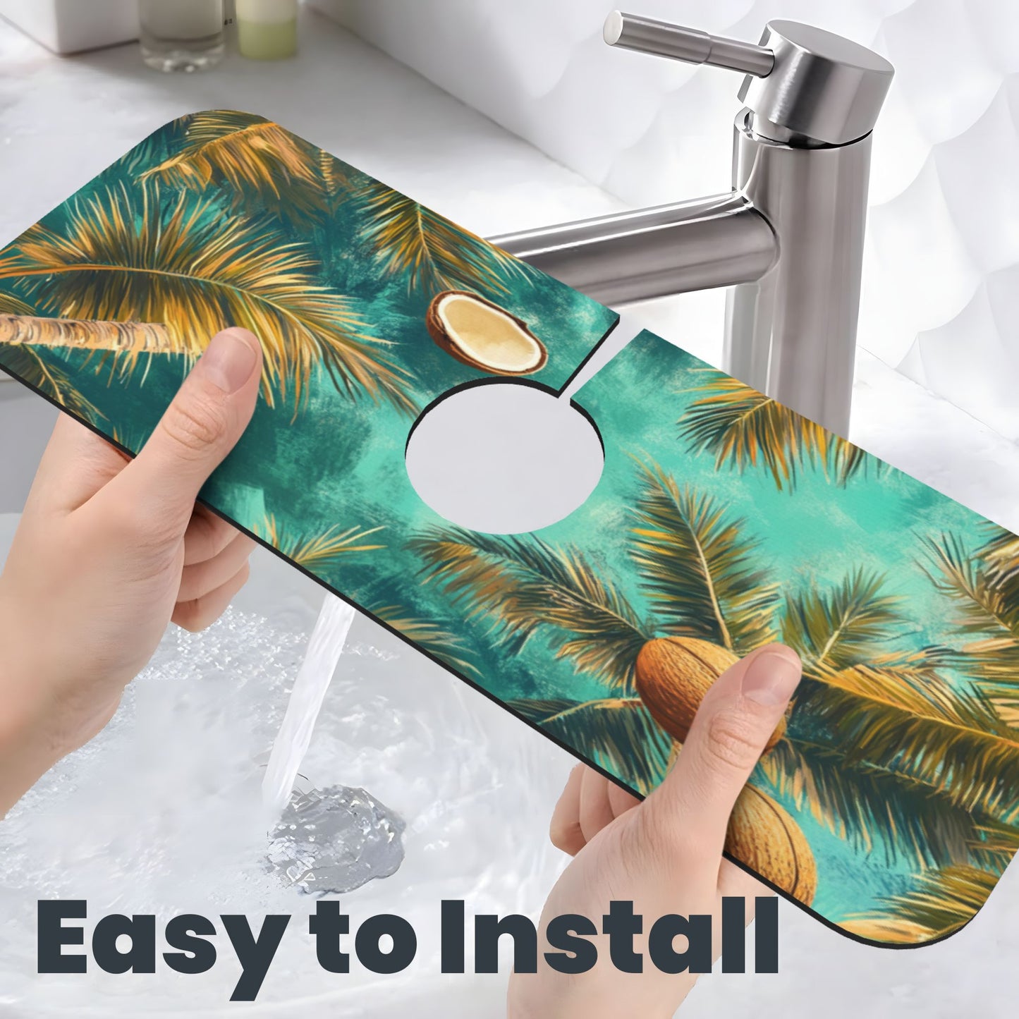 Tropical Coconut Palm Faucet Absorbent Mat – 15"x5.5" Sink Splash Guard | Non-Slip Natural Rubber Back | Fast Absorbent & Quick Dry | Washable & Cuttable