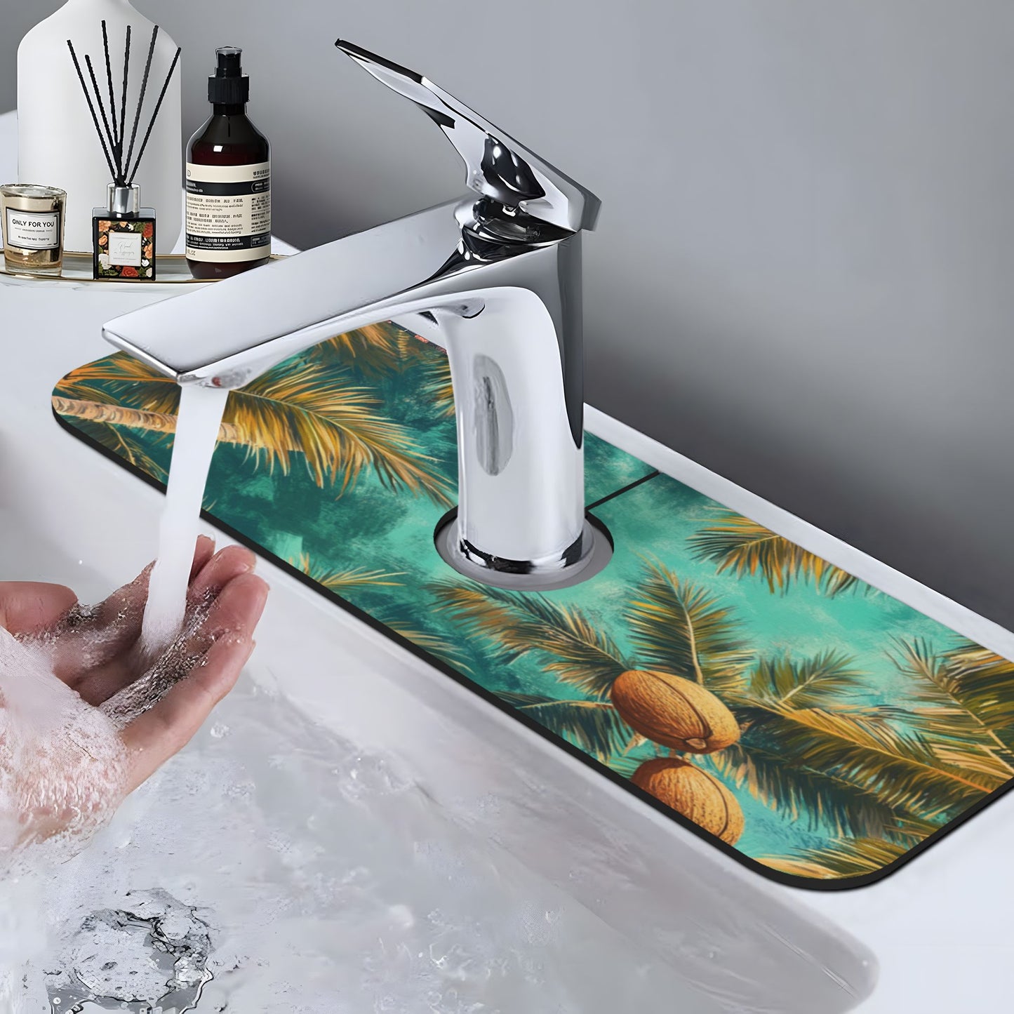 Tropical Coconut Palm Faucet Absorbent Mat – 15"x5.5" Sink Splash Guard | Non-Slip Natural Rubber Back | Fast Absorbent & Quick Dry | Washable & Cuttable