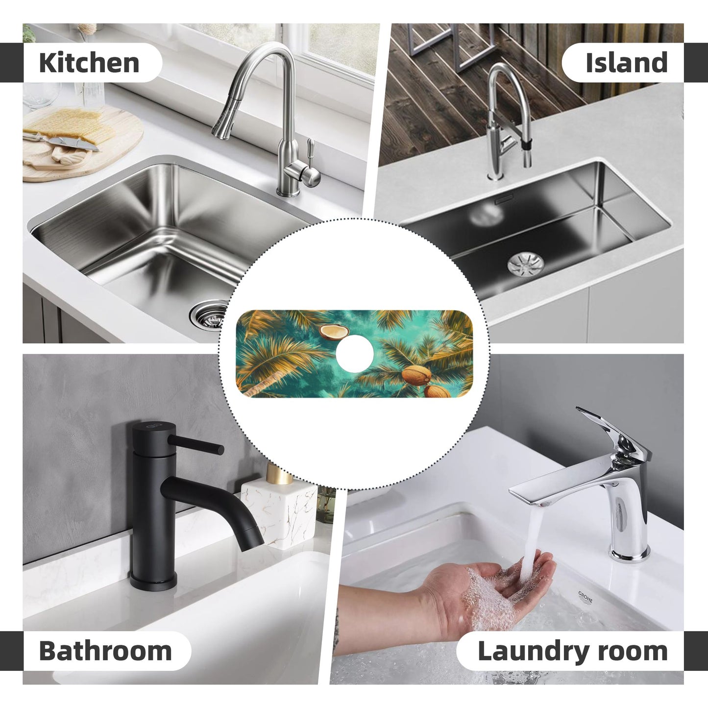 Tropical Coconut Palm Faucet Absorbent Mat – 15"x5.5" Sink Splash Guard | Non-Slip Natural Rubber Back | Fast Absorbent & Quick Dry | Washable & Cuttable