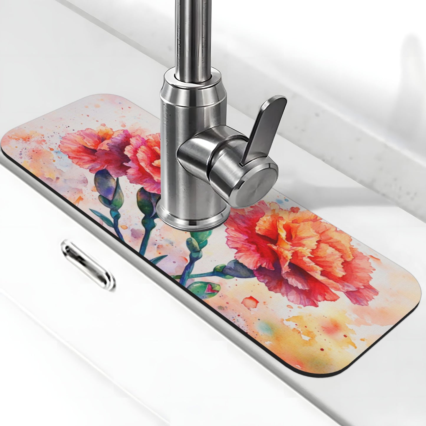 Floral Carnation Faucet Absorbent Mat – 15"x5.5" Sink Splash Guard | Quick Dry & Washable | Natural Rubber Backing | Cut to Fit | Romantic Flower Design