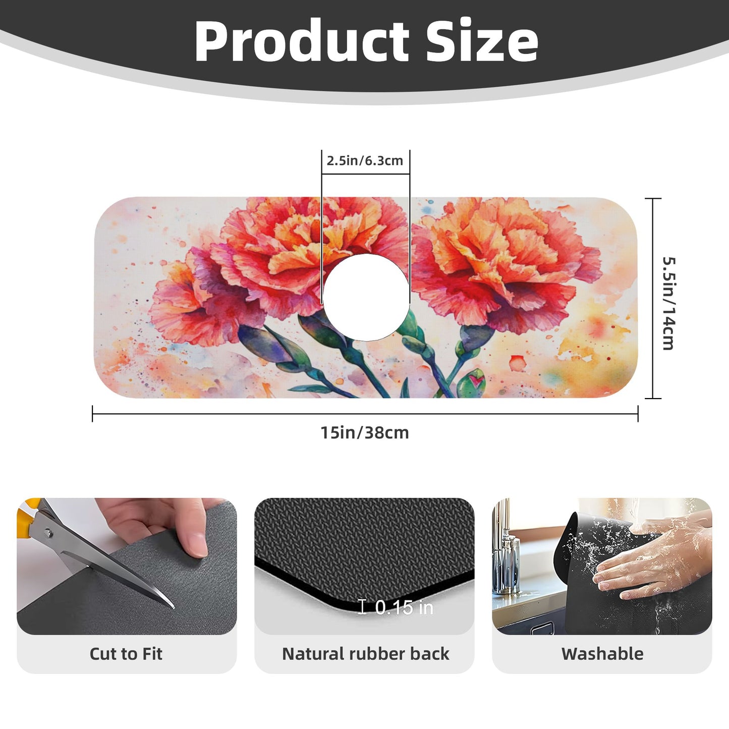 Floral Carnation Faucet Absorbent Mat – 15"x5.5" Sink Splash Guard | Quick Dry & Washable | Natural Rubber Backing | Cut to Fit | Romantic Flower Design