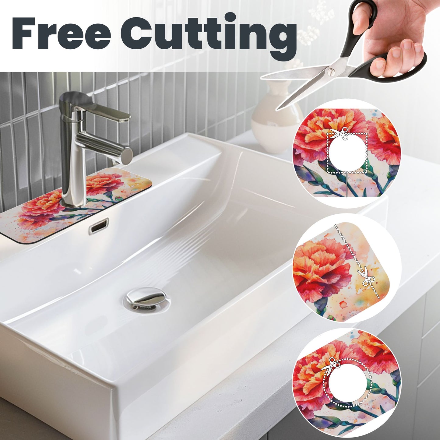 Floral Carnation Faucet Absorbent Mat – 15"x5.5" Sink Splash Guard | Quick Dry & Washable | Natural Rubber Backing | Cut to Fit | Romantic Flower Design