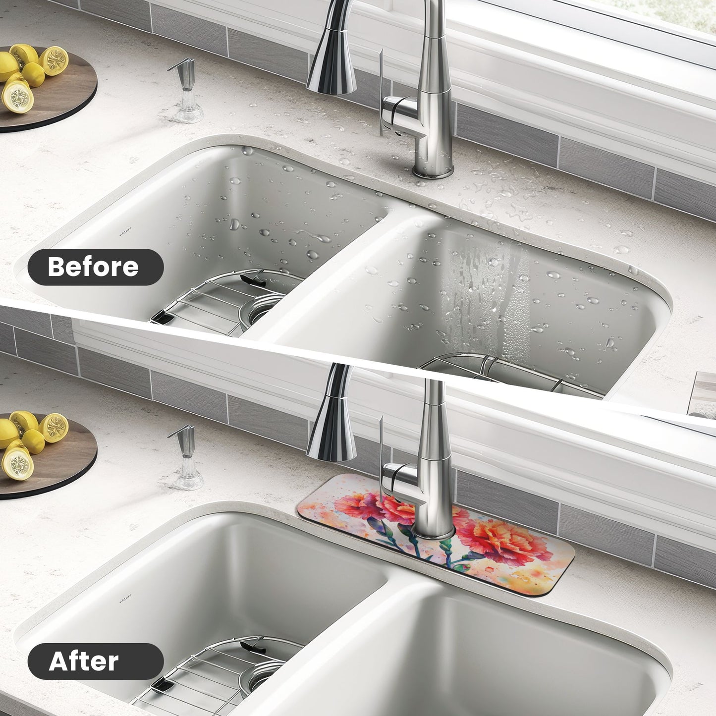 Floral Carnation Faucet Absorbent Mat – 15"x5.5" Sink Splash Guard | Quick Dry & Washable | Natural Rubber Backing | Cut to Fit | Romantic Flower Design