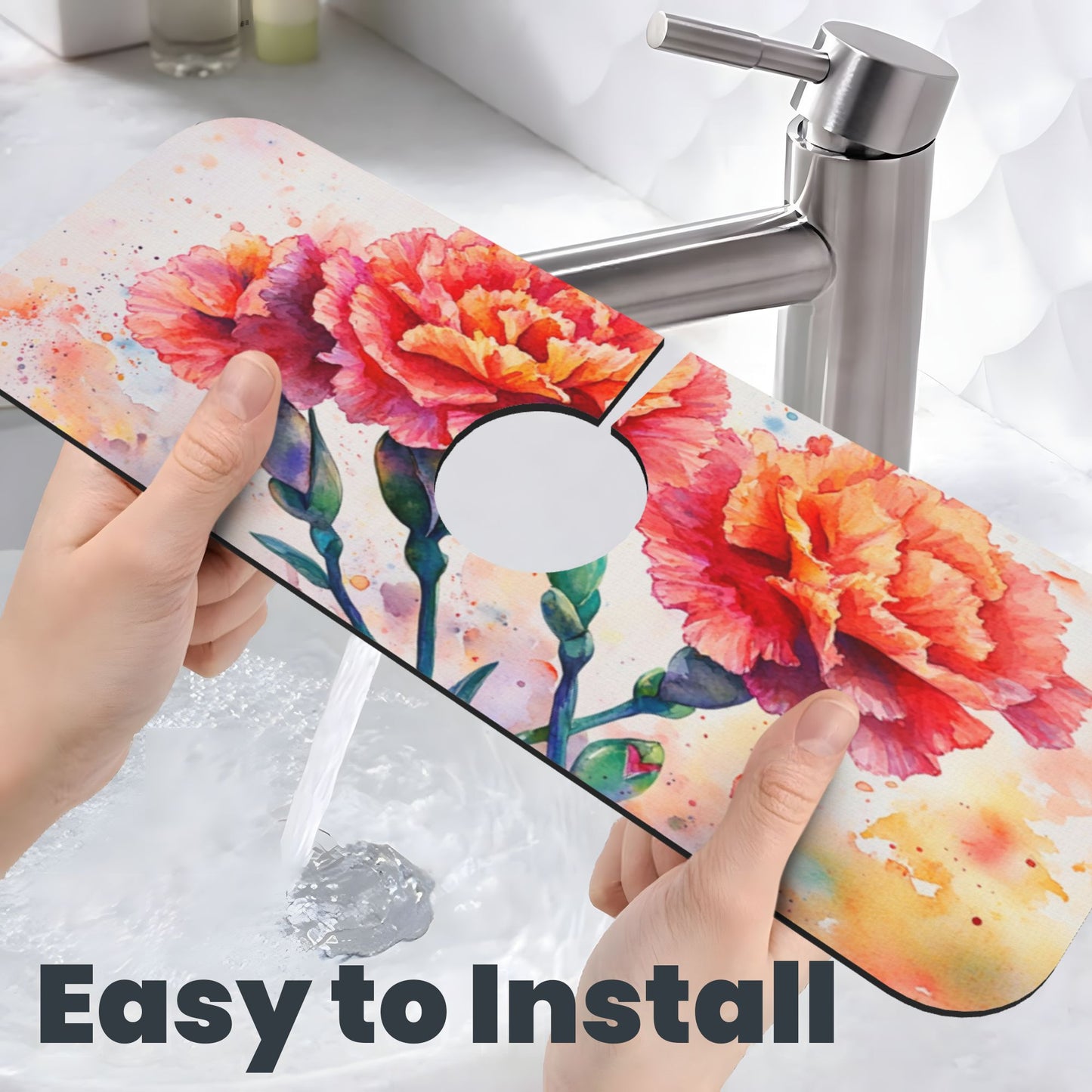 Floral Carnation Faucet Absorbent Mat – 15"x5.5" Sink Splash Guard | Quick Dry & Washable | Natural Rubber Backing | Cut to Fit | Romantic Flower Design