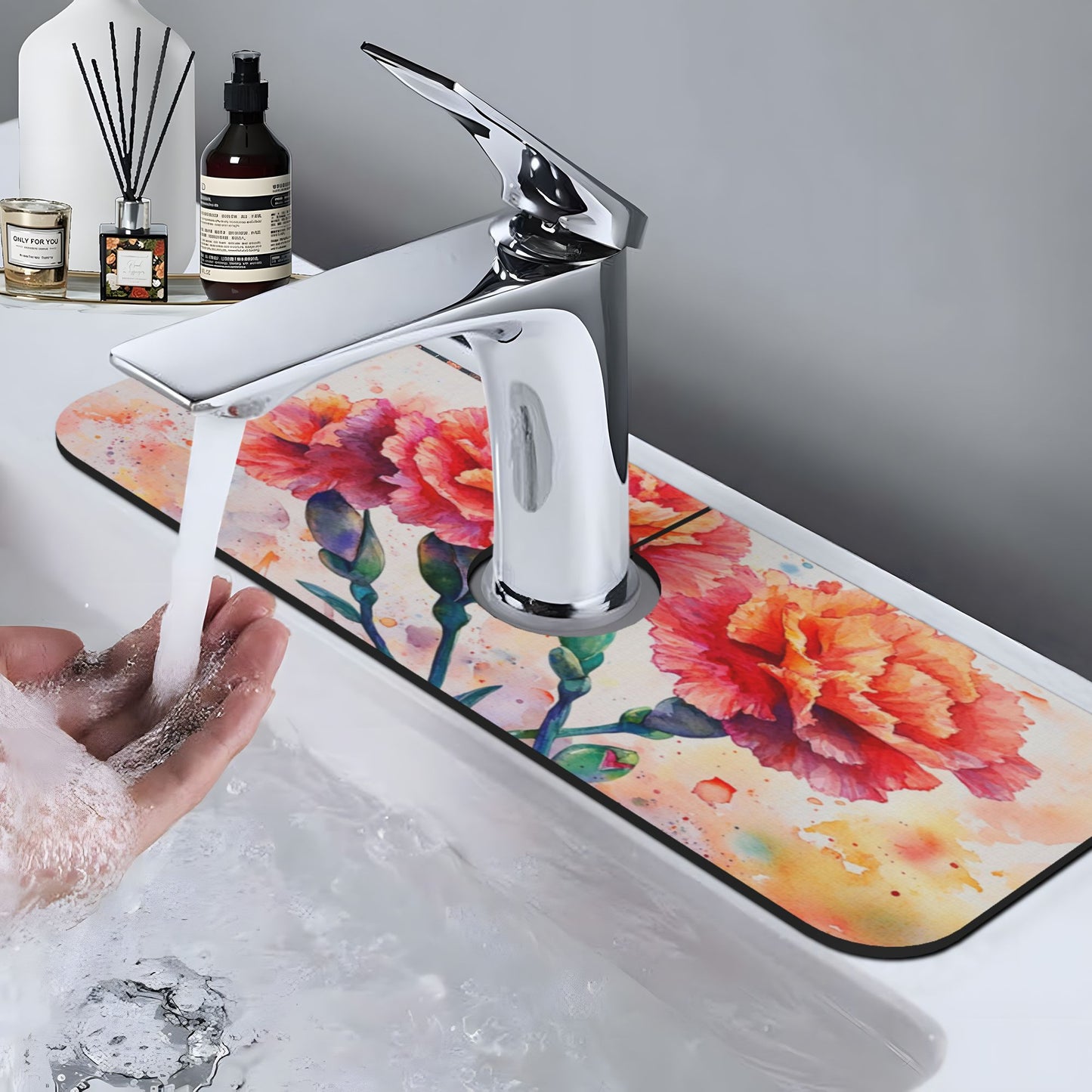 Floral Carnation Faucet Absorbent Mat – 15"x5.5" Sink Splash Guard | Quick Dry & Washable | Natural Rubber Backing | Cut to Fit | Romantic Flower Design