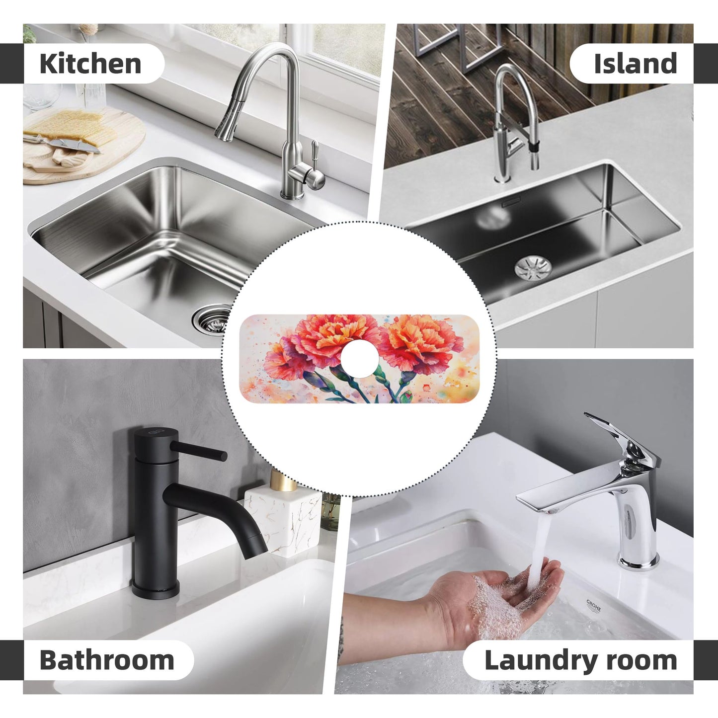 Floral Carnation Faucet Absorbent Mat – 15"x5.5" Sink Splash Guard | Quick Dry & Washable | Natural Rubber Backing | Cut to Fit | Romantic Flower Design